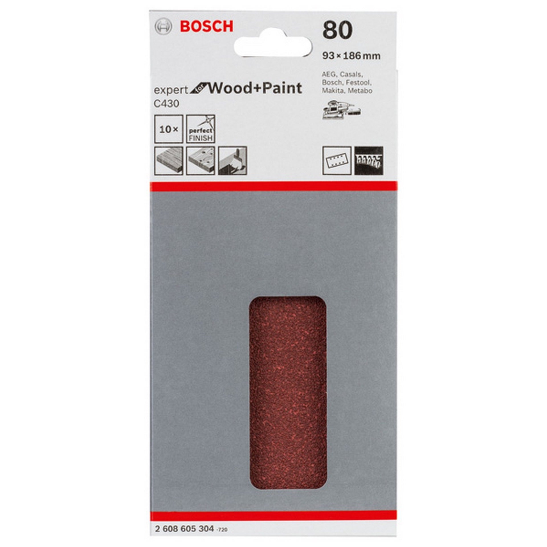 Bosch Schleifblatt C430, 93 x 186 mm, 80, 8 Löcher, 10er-Pack #2608605304