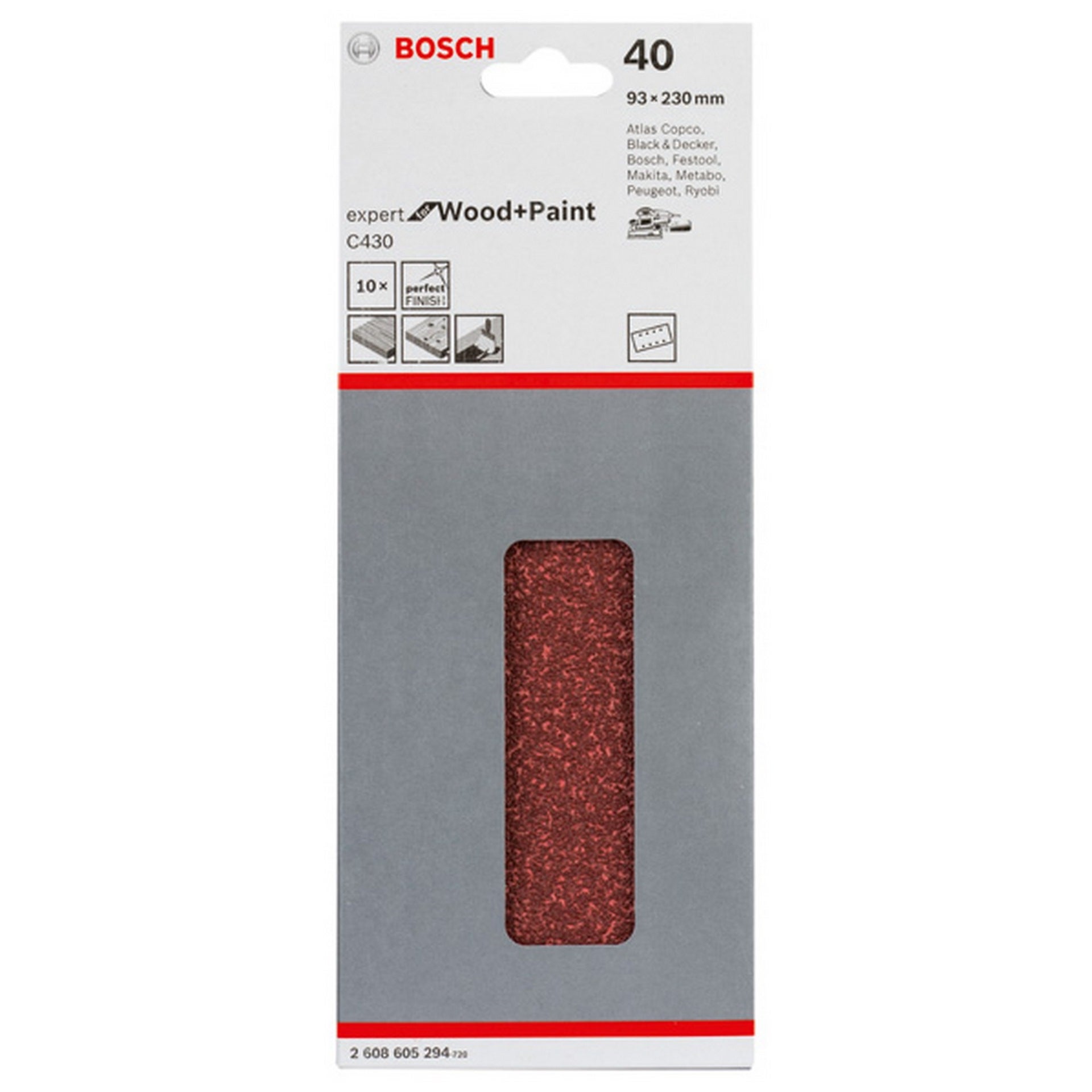 Bosch Schleifblatt C430, 93 x 230 mm, 40, 8 Löcher, gespannt, 10er-Pack #2608605294