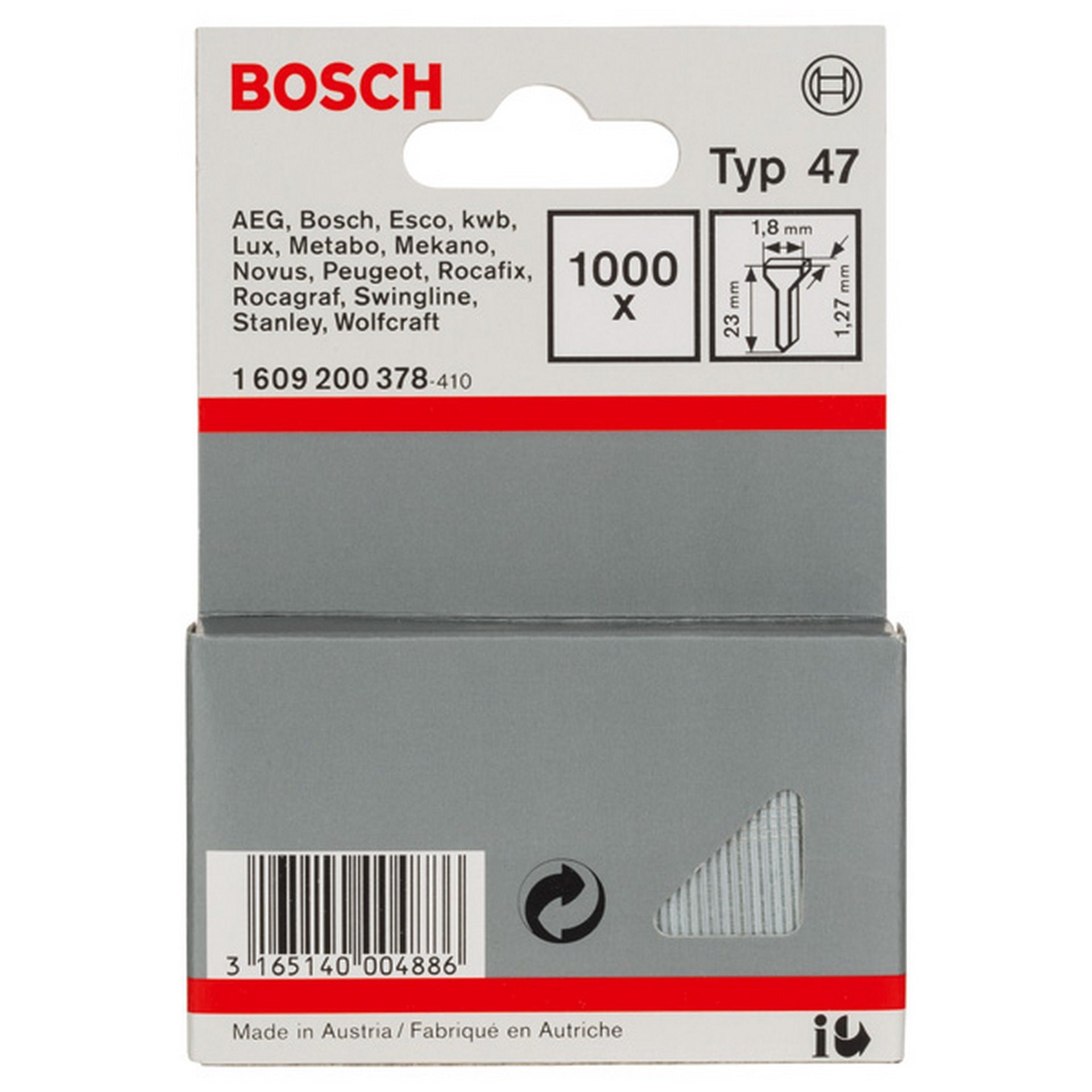 Bosch Tackernagel Typ 47, 1,8 x 1,27 x 23 mm, 1000er-Pack #1609200378