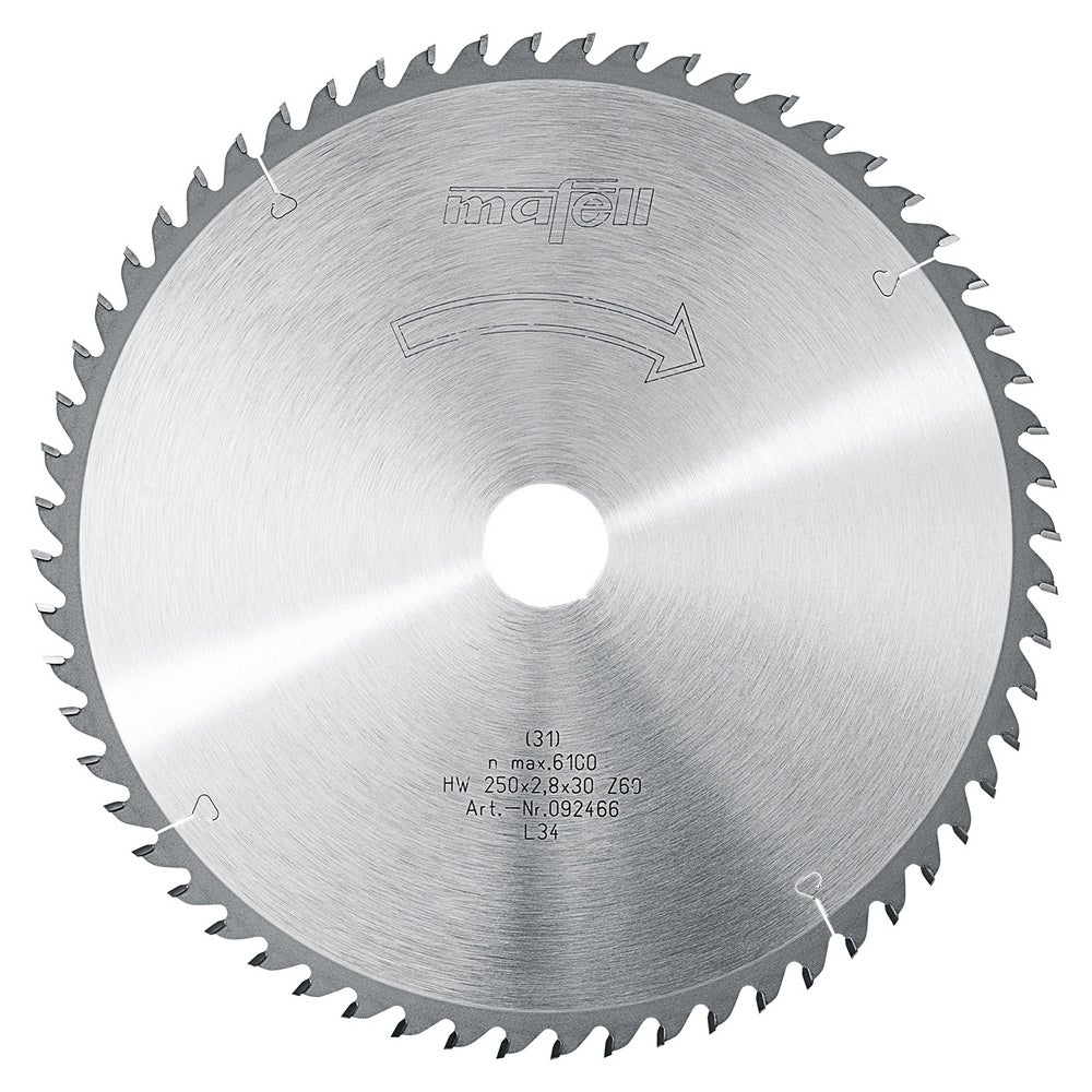 Mafell Sägeblatt-HM, 250 x 1,8/2,8 x 30 mm, Z 60, WZ für Feinschnitte #092466