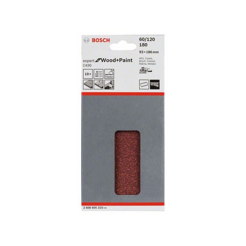 Bosch Schleifblatt C430, 93 x 186 mm, 4 x 60, 4 x 120, 2 x 180, 8 Löcher, 10er-Pack #2608605310