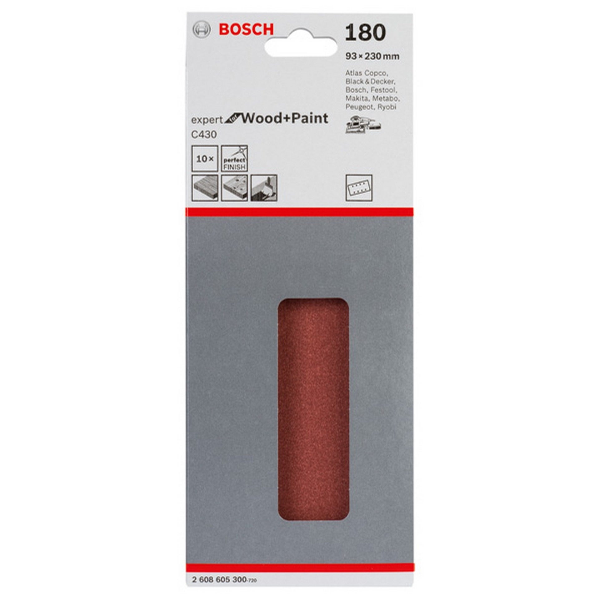 Bosch Schleifblatt C430, 93 x 230 mm, 180, 8 Löcher, gespannt, 10er-Pack #2608605300