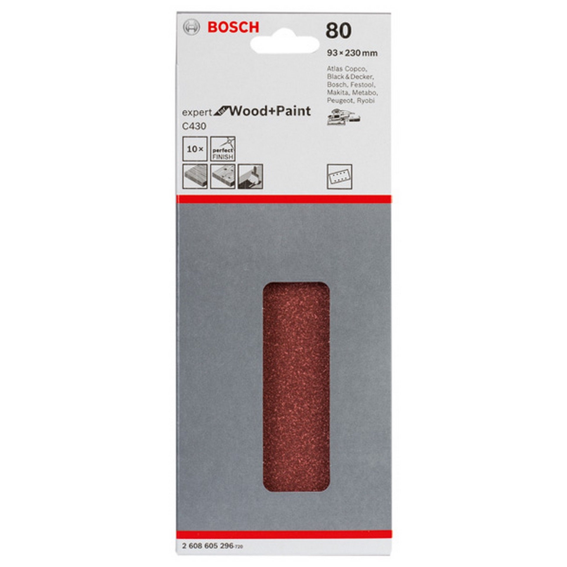 Bosch Schleifblatt C430, 93 x 230 mm, 80, 8 Löcher, gespannt, 10er-Pack #2608605296