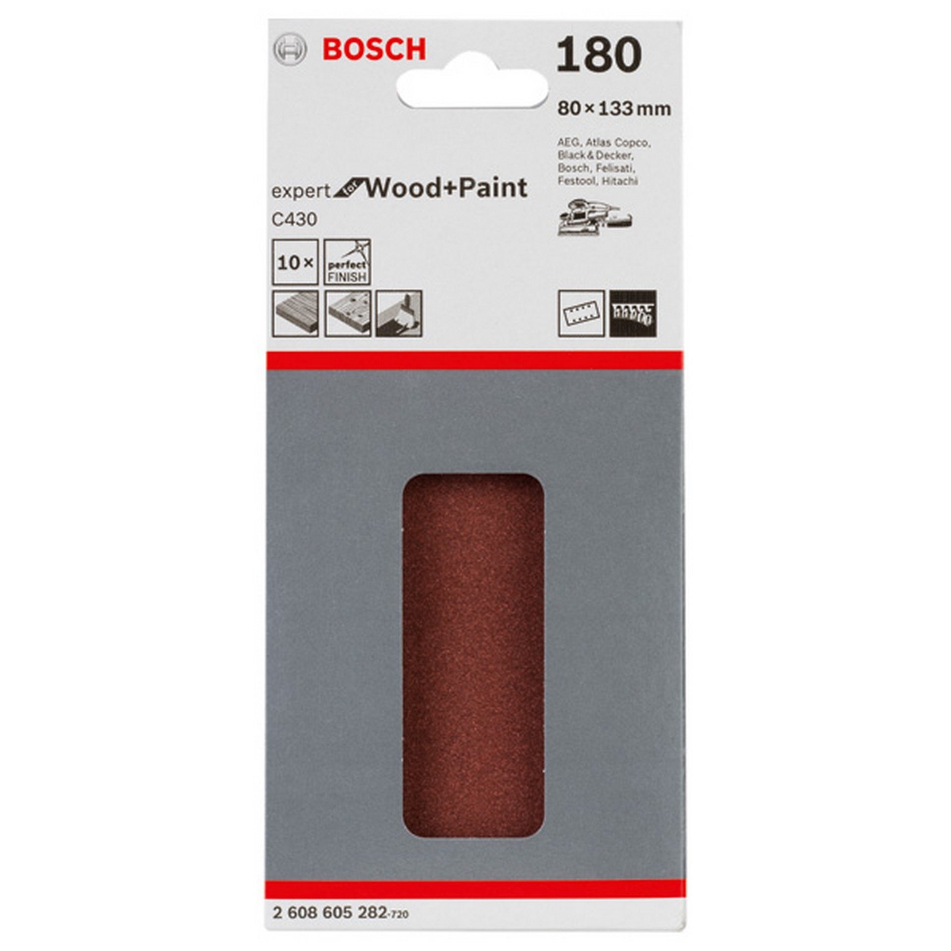 Bosch Schleifblatt C430, 80 x 133 mm, 180, 8 Löcher, Klett, 10er-Pack #2608605282
