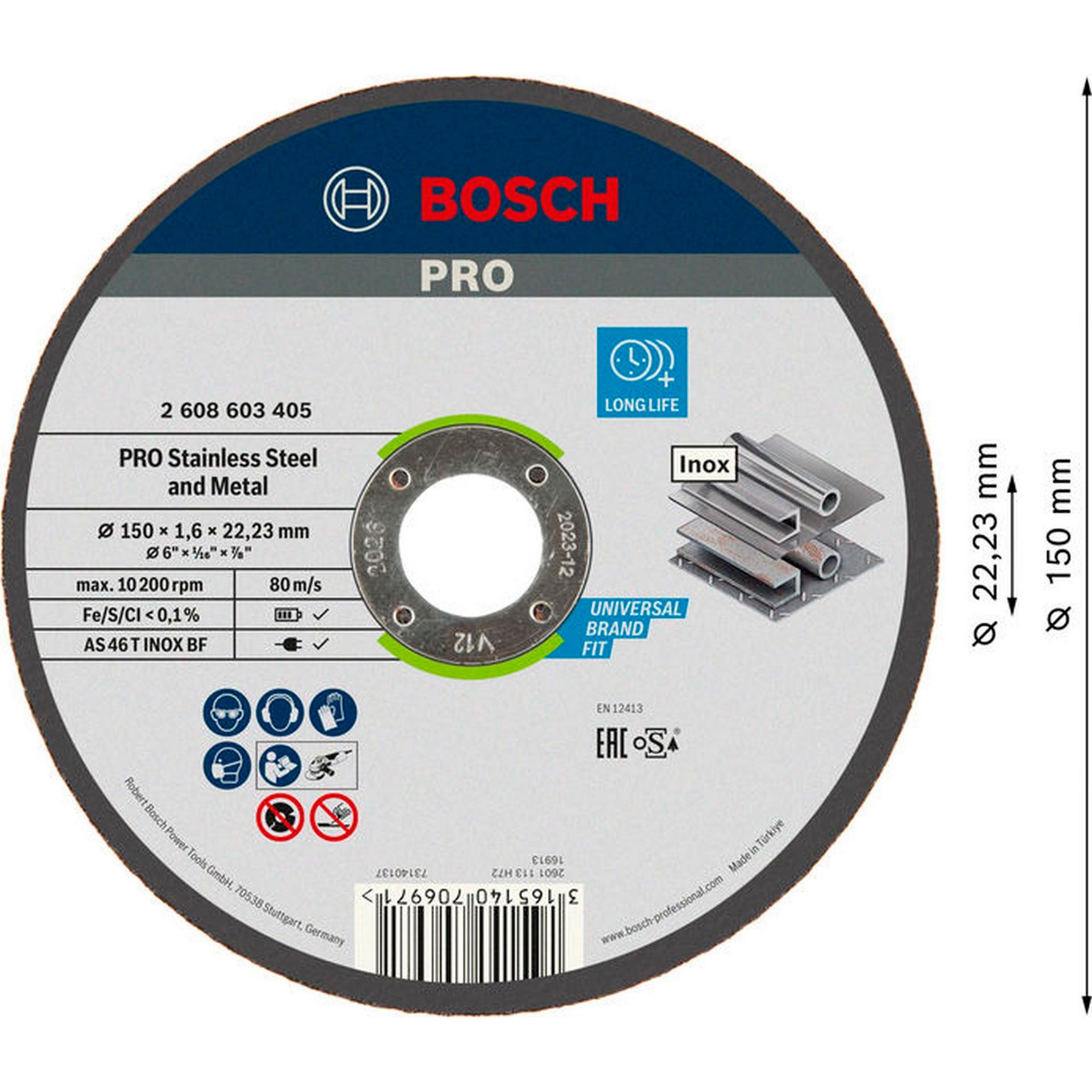 Bosch PRO Stainless Steel and Metal Trennscheibe, 150 x 1.6 x 22.23 mm, gerade, oSa #2608603405
