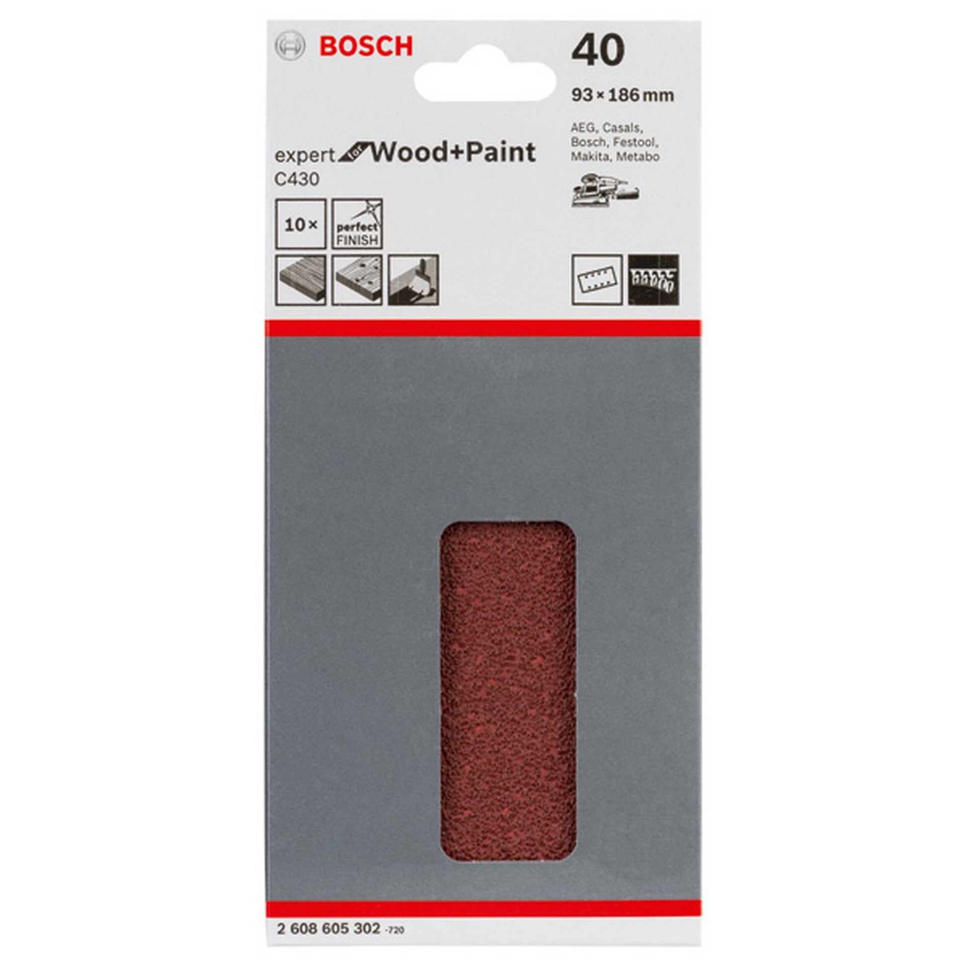 Bosch Schleifblatt C430, 93 x 186 mm, 40, 8 Löcher, 10er-Pack #2608605302