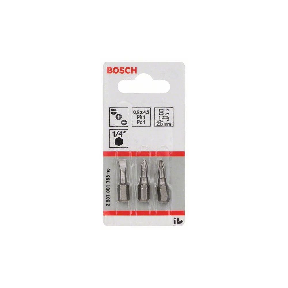 Bosch Schrauberbit-Set Extra-Hart (gemischt), 3-teilig, S 0,6x4,5, PH1, PZ1, 25 mm #2607001765