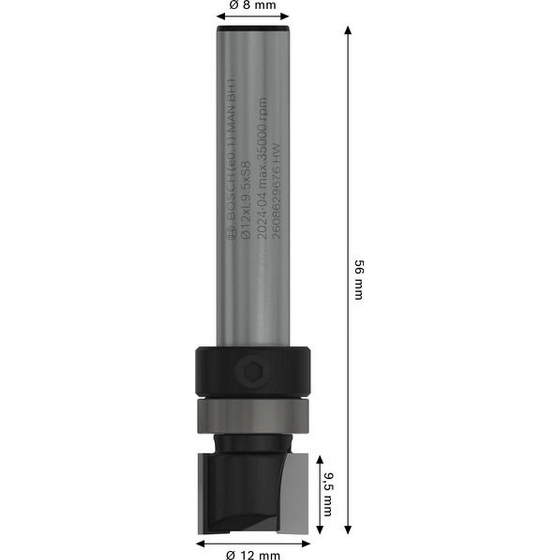 Bosch PRO Bündigfräser mit oberen Kugellager, D 12,7 mm, L 9,5 mm, S 8 mm #2608629676