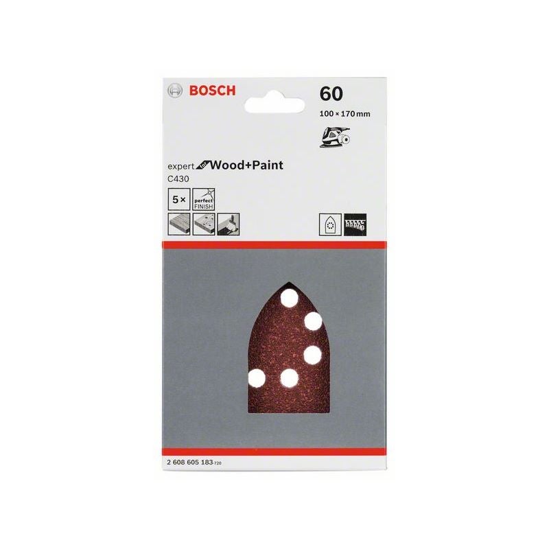 Bosch Schleifblatt C430, 100 x 170 mm, 60, 8 Löcher, Klett, 5er-Pack #2608605183