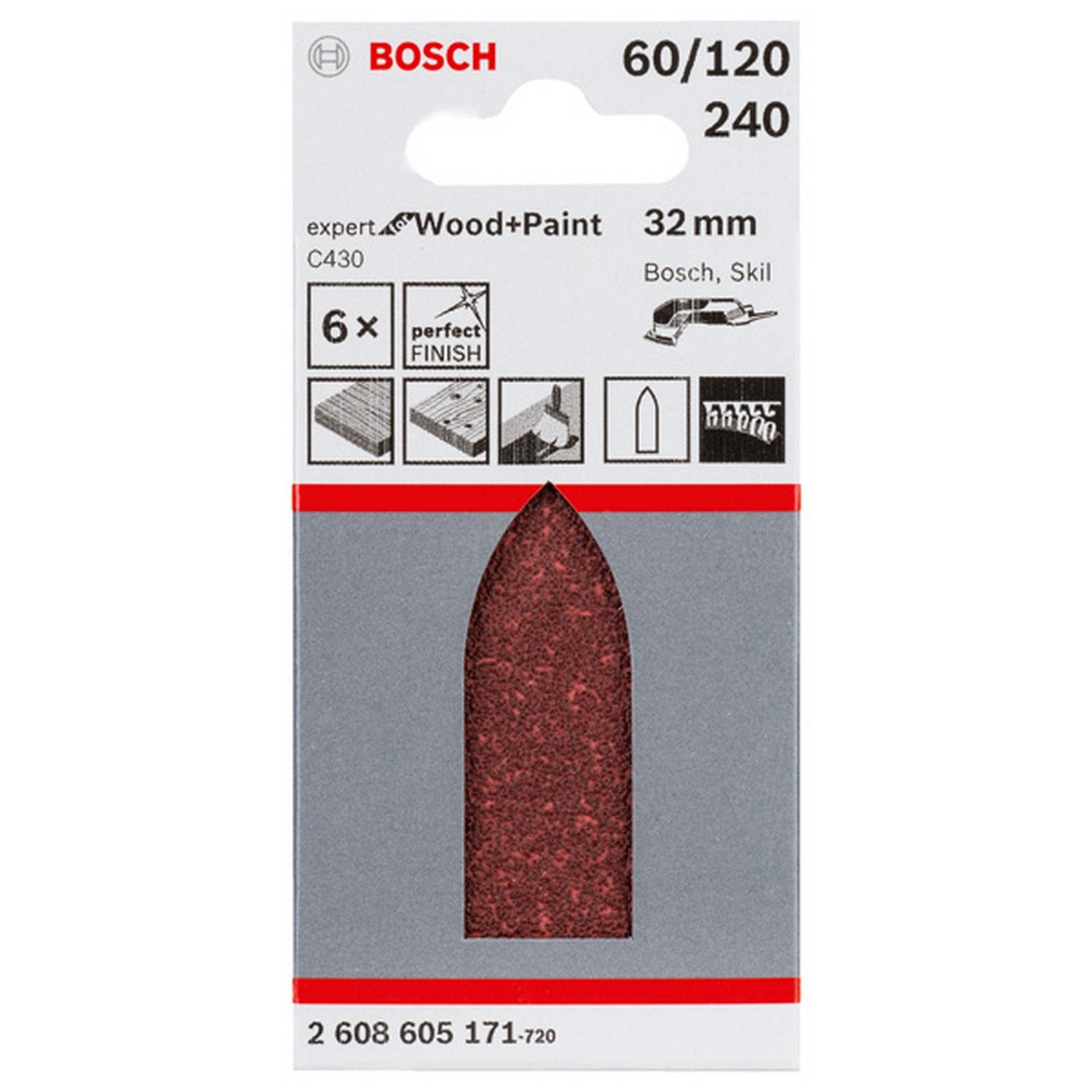 Bosch Schleifblatt C430, 32 mm, 60, 120, 240, ungelocht, Klett, 6er-Pack #2608605171