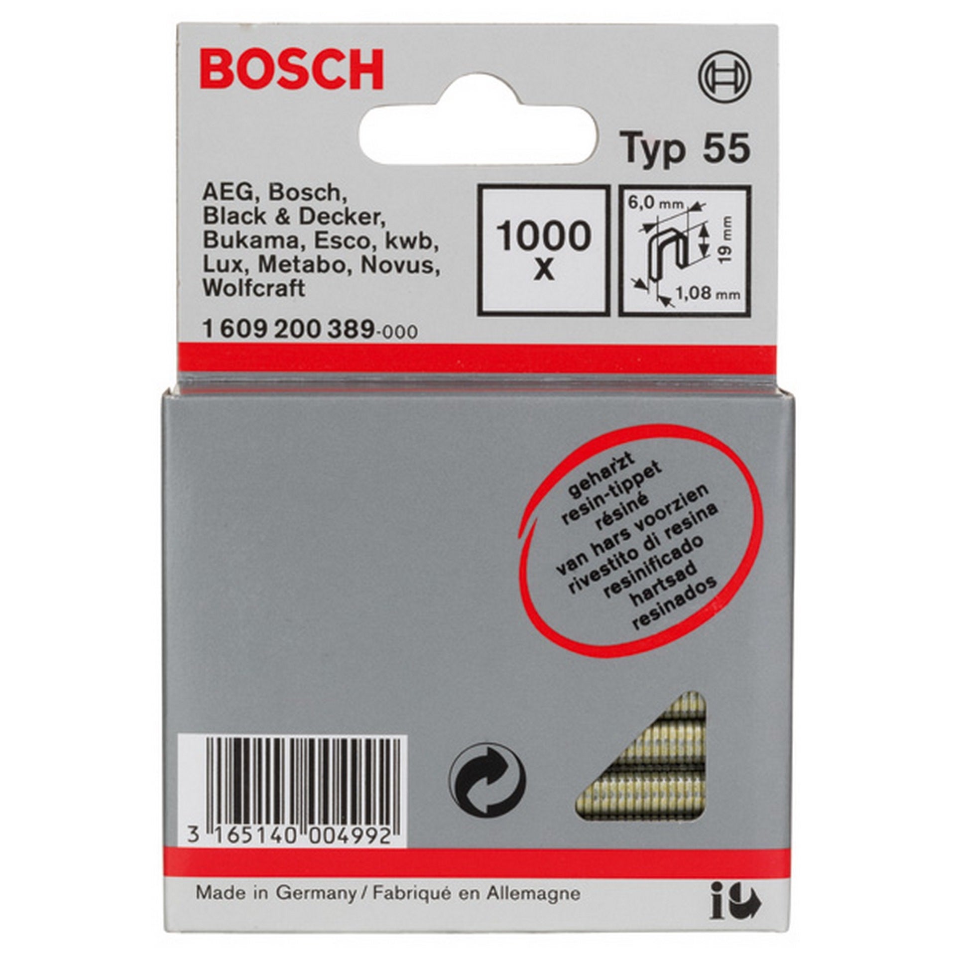 Bosch Schmalrückenklammer Typ 55, geharzt 6 x 1,08 x 19 mm, 1000er-Pack #1609200389