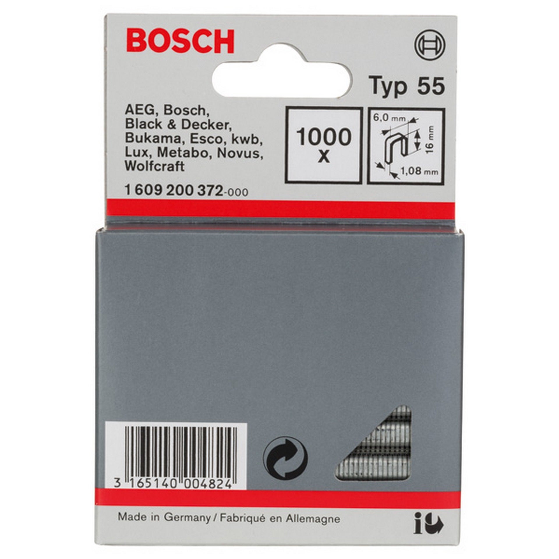 Bosch Schmalrückenklammer Typ 55, 6 x 1,08 x 16 mm, 1000er-Pack #1609200372