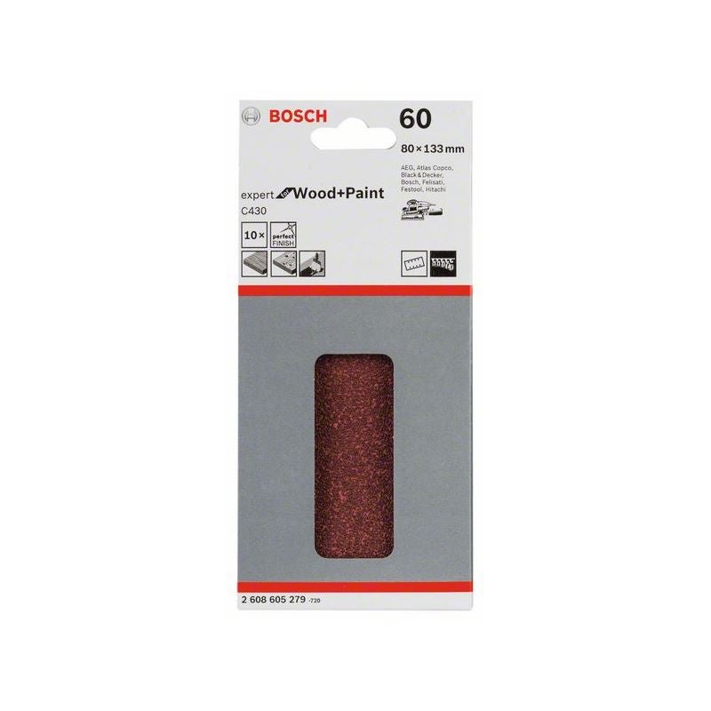 Bosch Schleifblatt C430, 80 x 133 mm, 60, 8 Löcher, Klett, 10er-Pack #2608605279