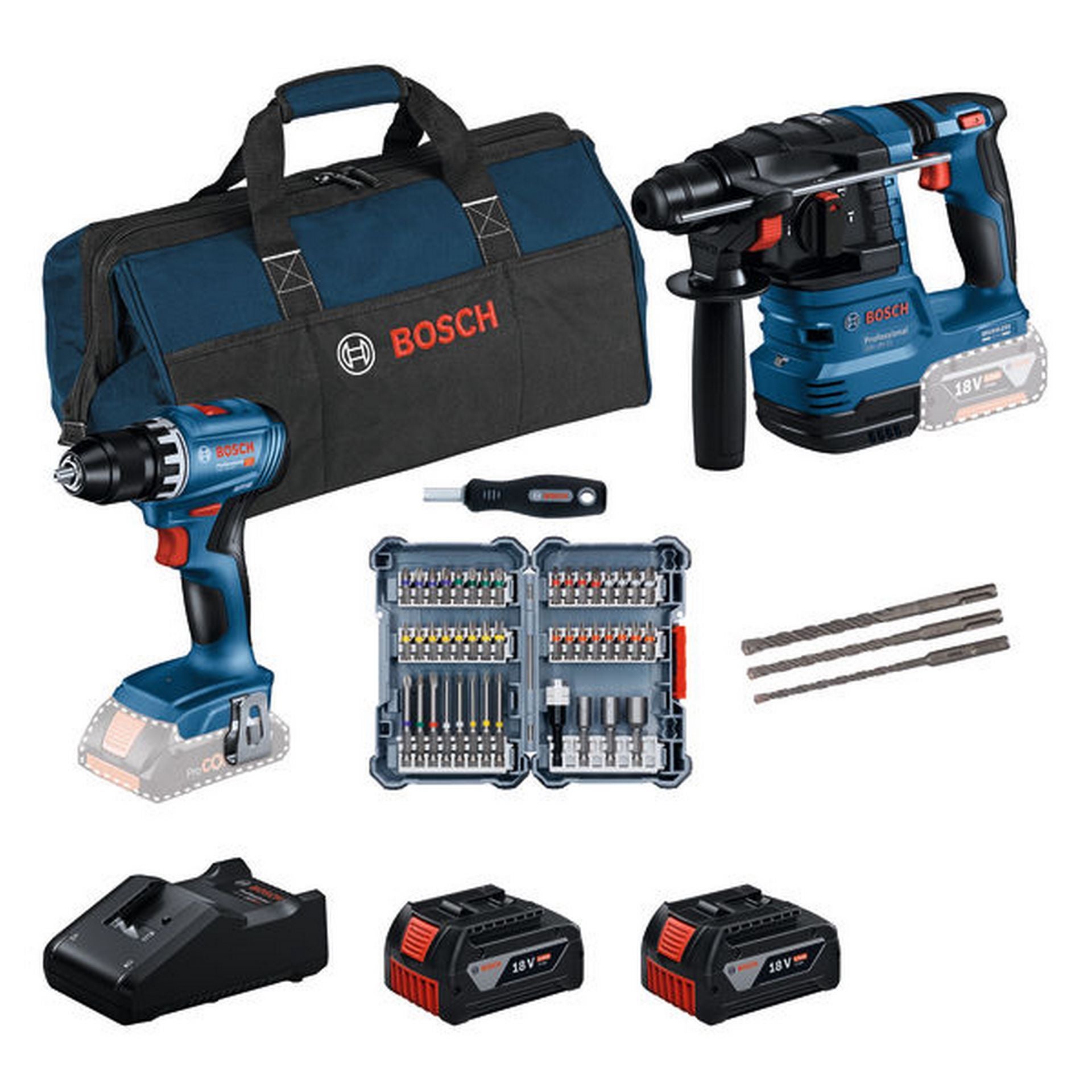Bosch 2 x 18V-Set: GSR + GBH + 2 x Bit-Set + 2 x GBA 18V 4.0 Ah + GAL 18V-40 #0615V0003D