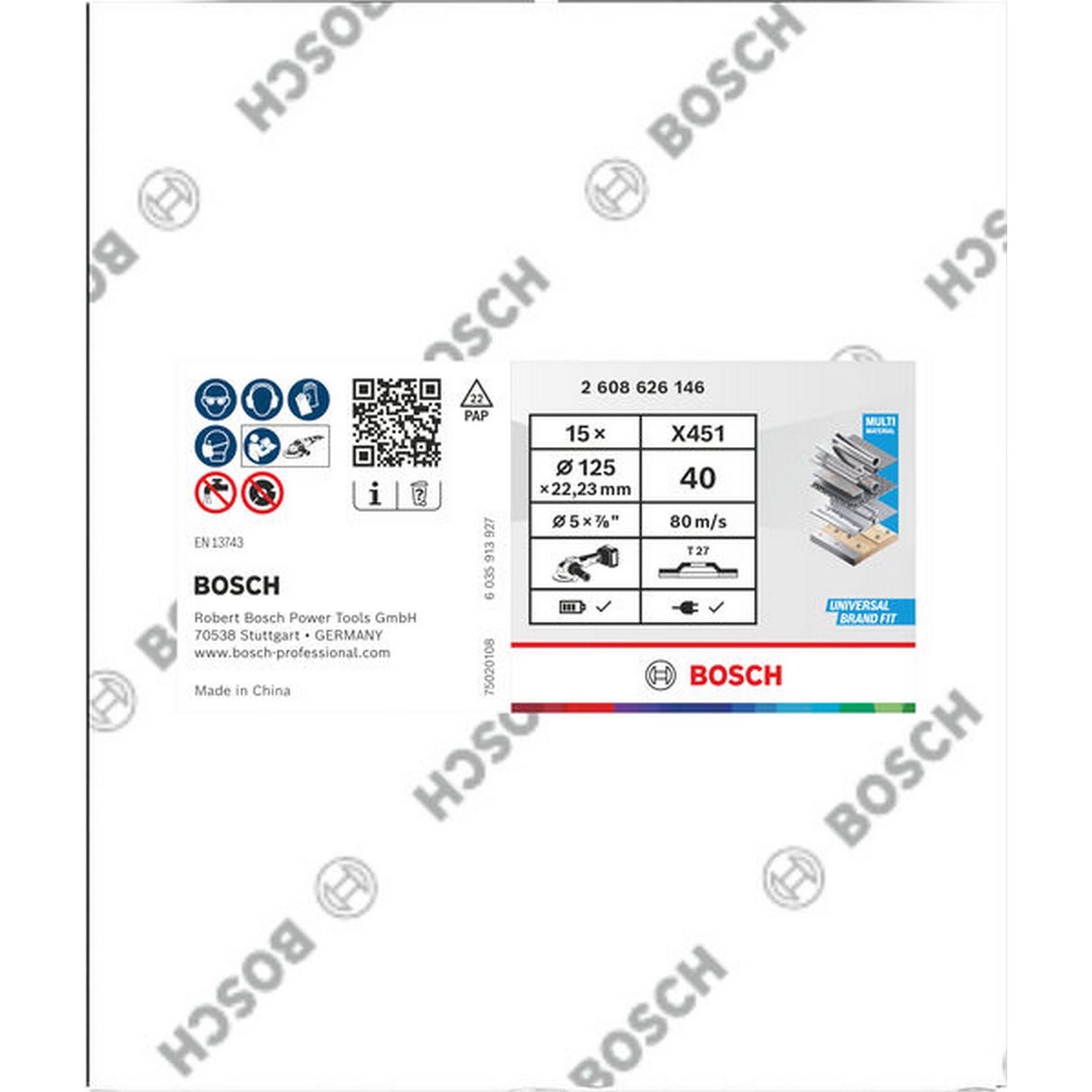 Bosch X451 Fächerschleifscheibe, 125 x 22,23 mm, K40, Z27, 15-tlg #2608626179