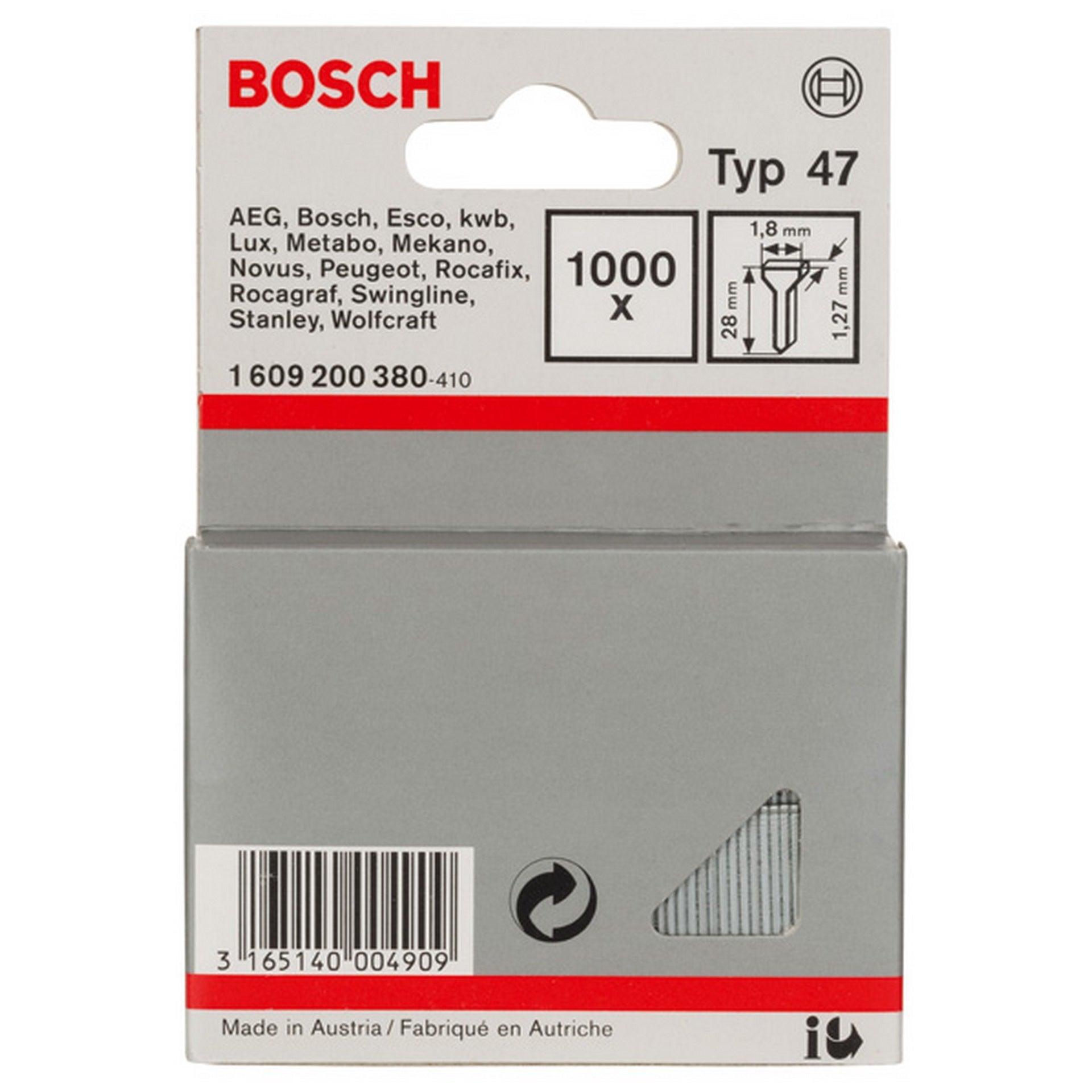 Bosch Tackernagel Typ 47, 1,8 x 1,27 x 28 mm, 1000er-Pack #1609200380