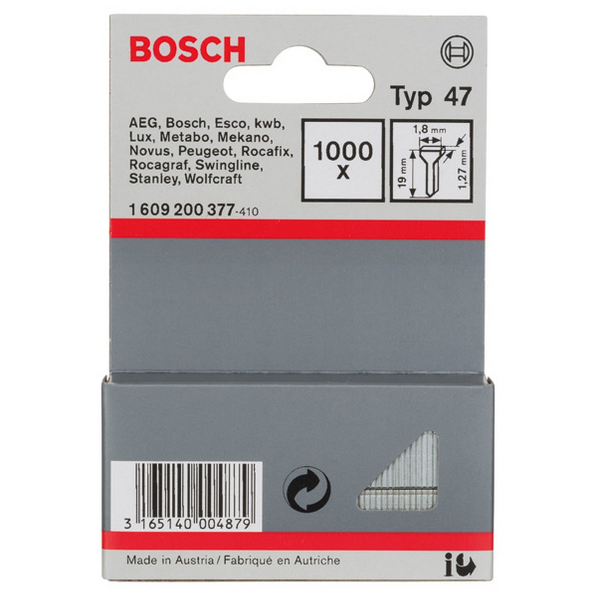 Bosch Tackernagel Typ 47, 1,8 x 1,27 x 19 mm, 1000er-Pack #1609200377
