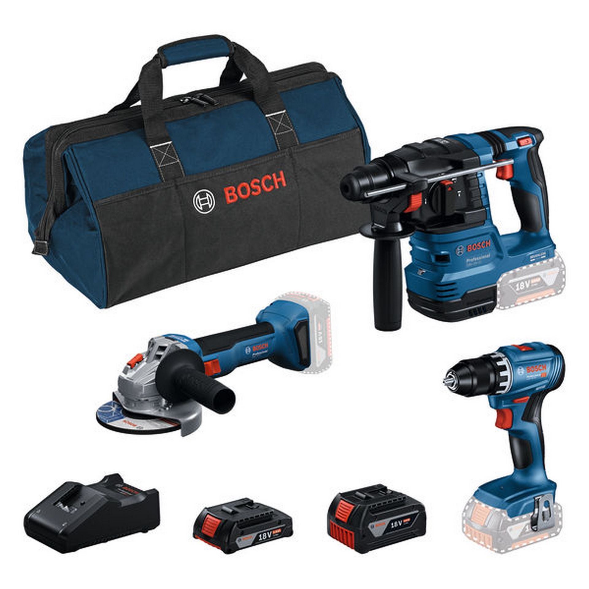 Bosch Combo Kit Set mit 3 18V-Werkzeugen: GSR+GBH+GWS+GBA 2.0 Ah+GBA 4.0 Ah+Tasche #0615A50061
