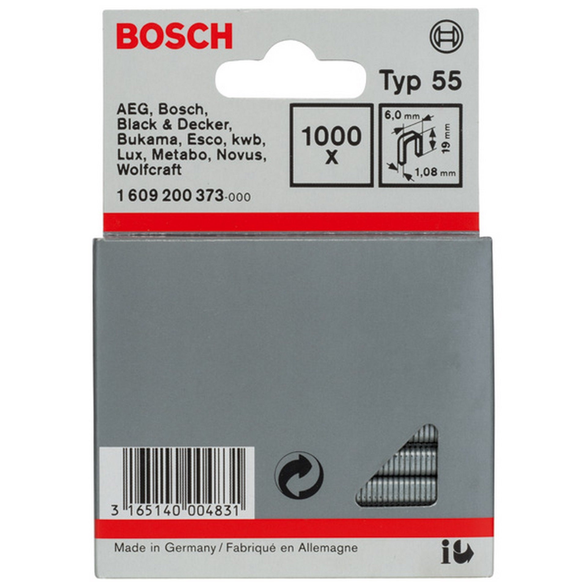 Bosch Schmalrückenklammer Typ 55, 6 x 1,08 x 19 mm, 1000er-Pack #1609200373
