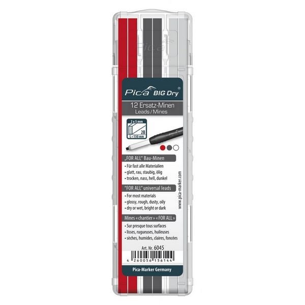 Pica BIG DRY Minen-Set FOR ALL Rot/Graphit/Weiss / 12 Minen im stabilen Etui #6045