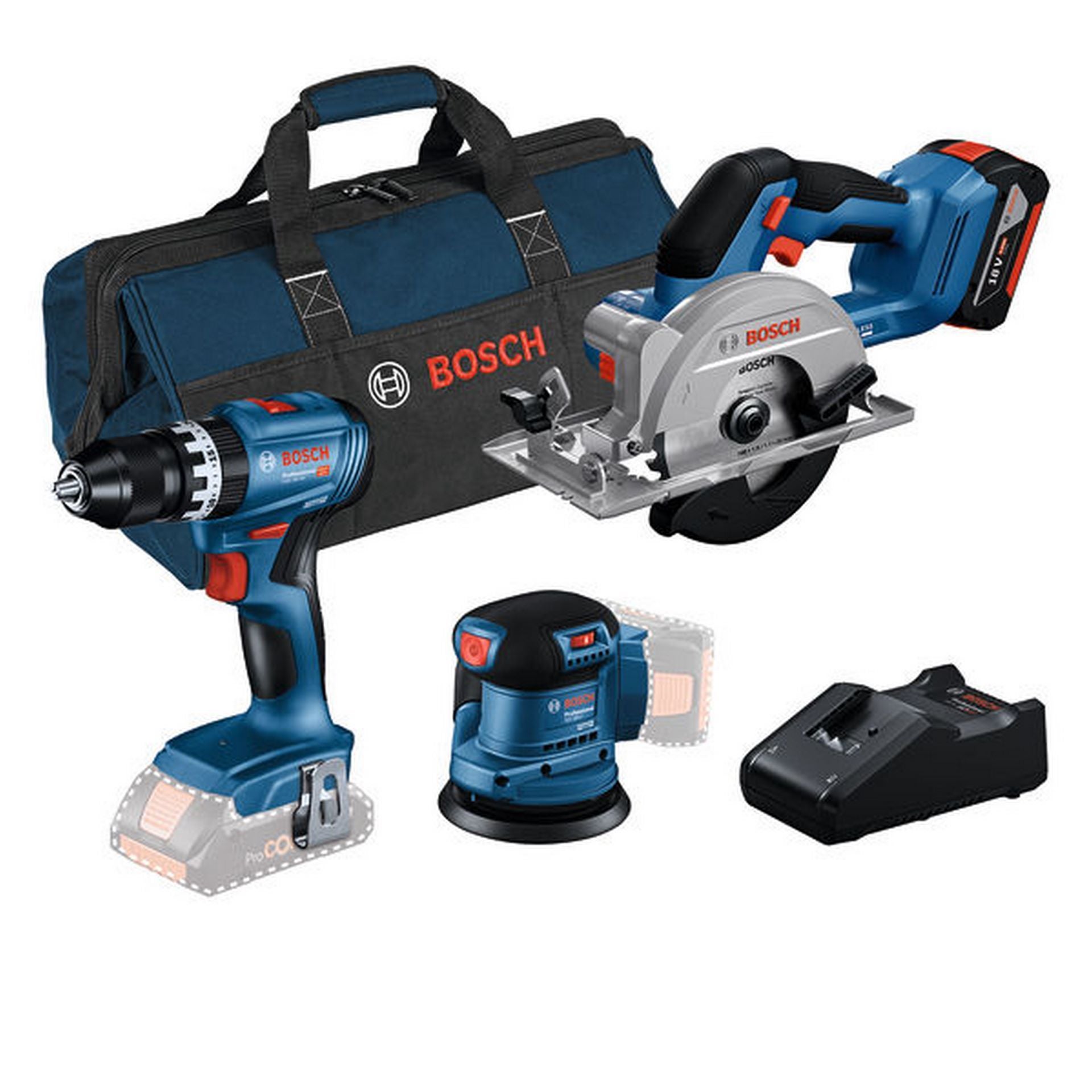 Bosch Combo Kit Set mit 3 18V-Werkzeugen: GSB + GEX + GKS + 1x GBA 4.0Ah + GAL 18V-40 #0615A5007R