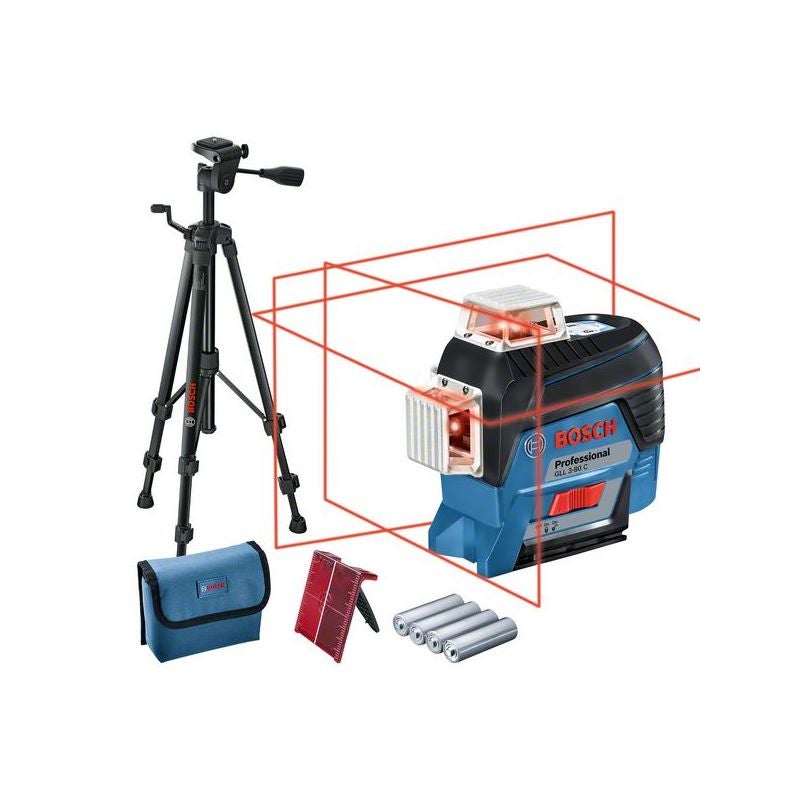 Bosch Linienlaser GLL 3-80 C, 4 x 1,5 V-LR6-Batterie + Baustativ BT 150 Professional #0601063R01