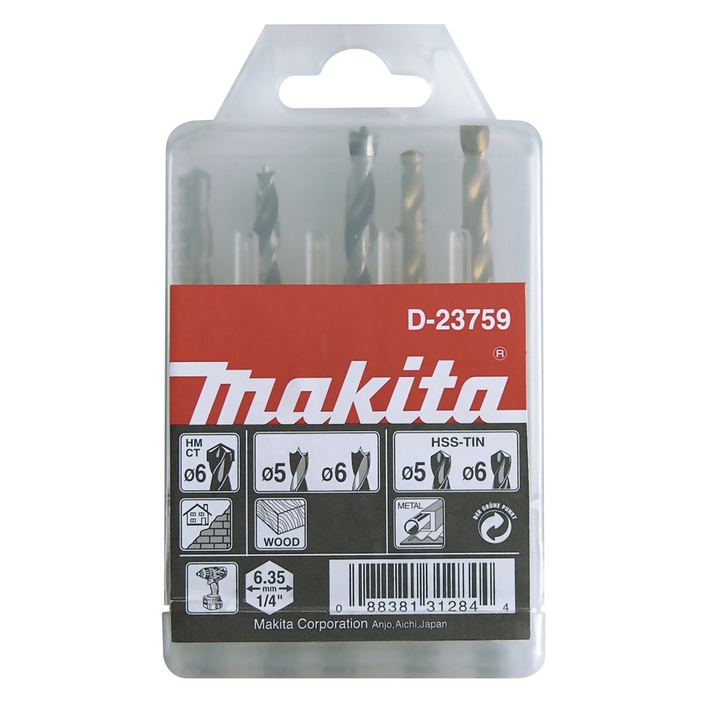 Makita 5-tlg. Metall-/Stein-/Holzbohrerset 1/4" #D-23759
