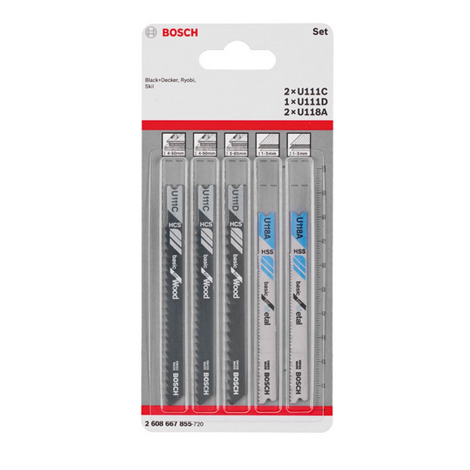 Bosch 5-tlg. Stichsägeblatt-Set Wood and Metal, U-Schaft U 111 C, U 111 D, U 118 A #2608667855
