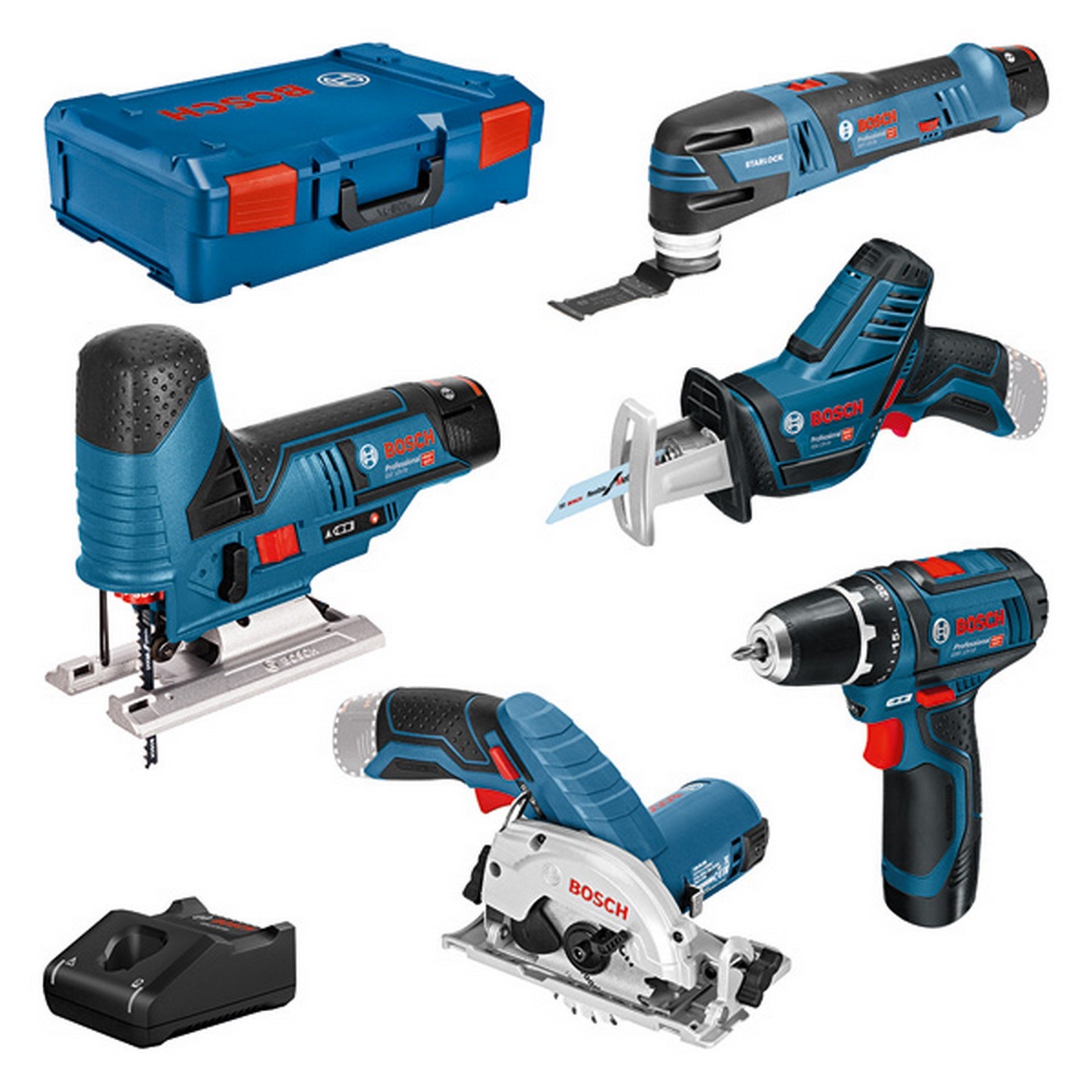 Bosch Combo Kit Set mit 5 12V-Werkzeugen: GSR+GST+GOP+GKS+GSA+3x GBA 3.0Ah+GAL+XL-BOXX #0615A0017C