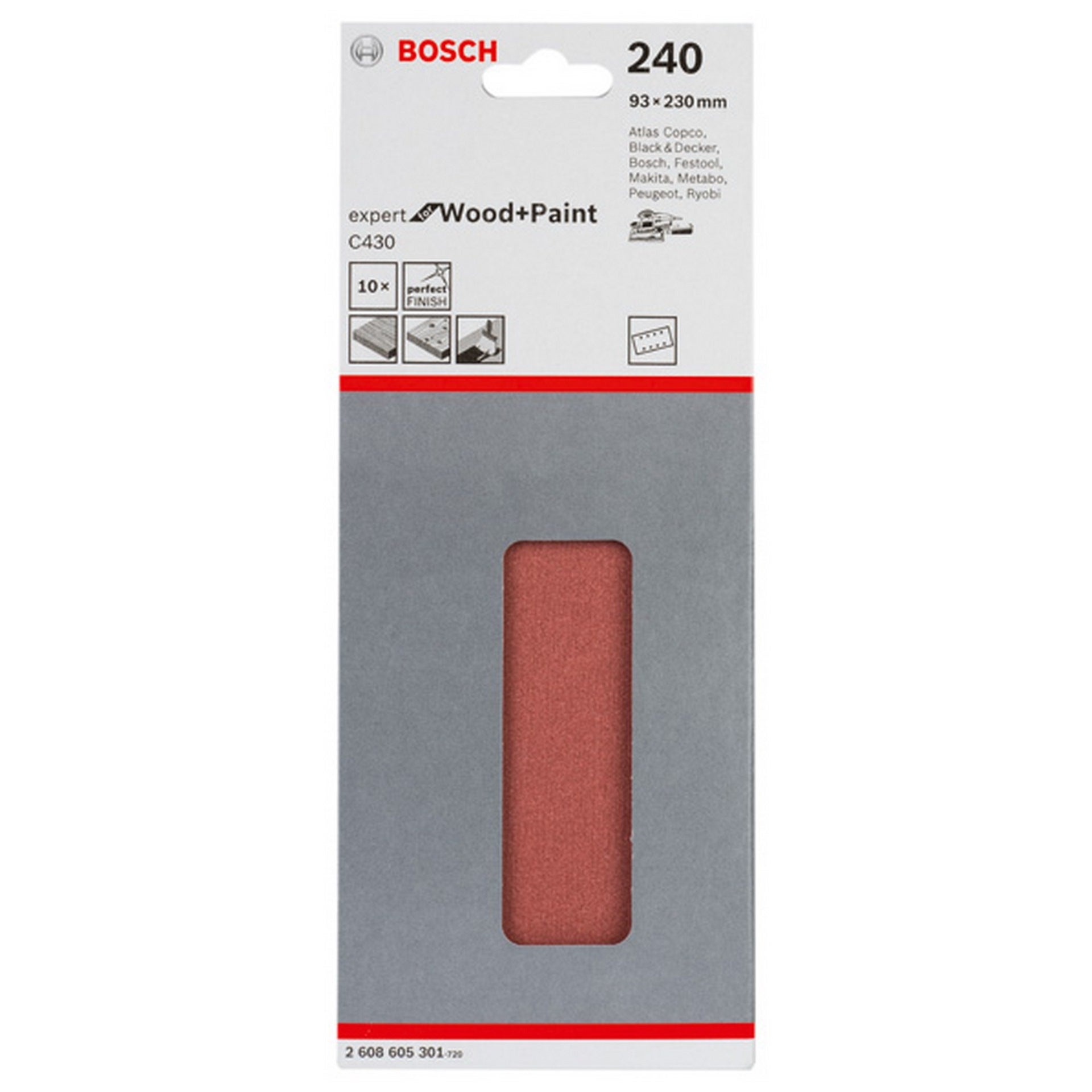 Bosch Schleifblatt C430, 93 x 230 mm, 240, 8 Löcher, gespannt, 10er-Pack #2608605301