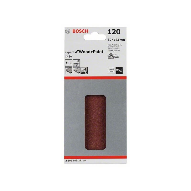 Bosch Schleifblatt C430, 80 x 133 mm, 120, 8 Löcher, Klett, 10er-Pack #2608605281