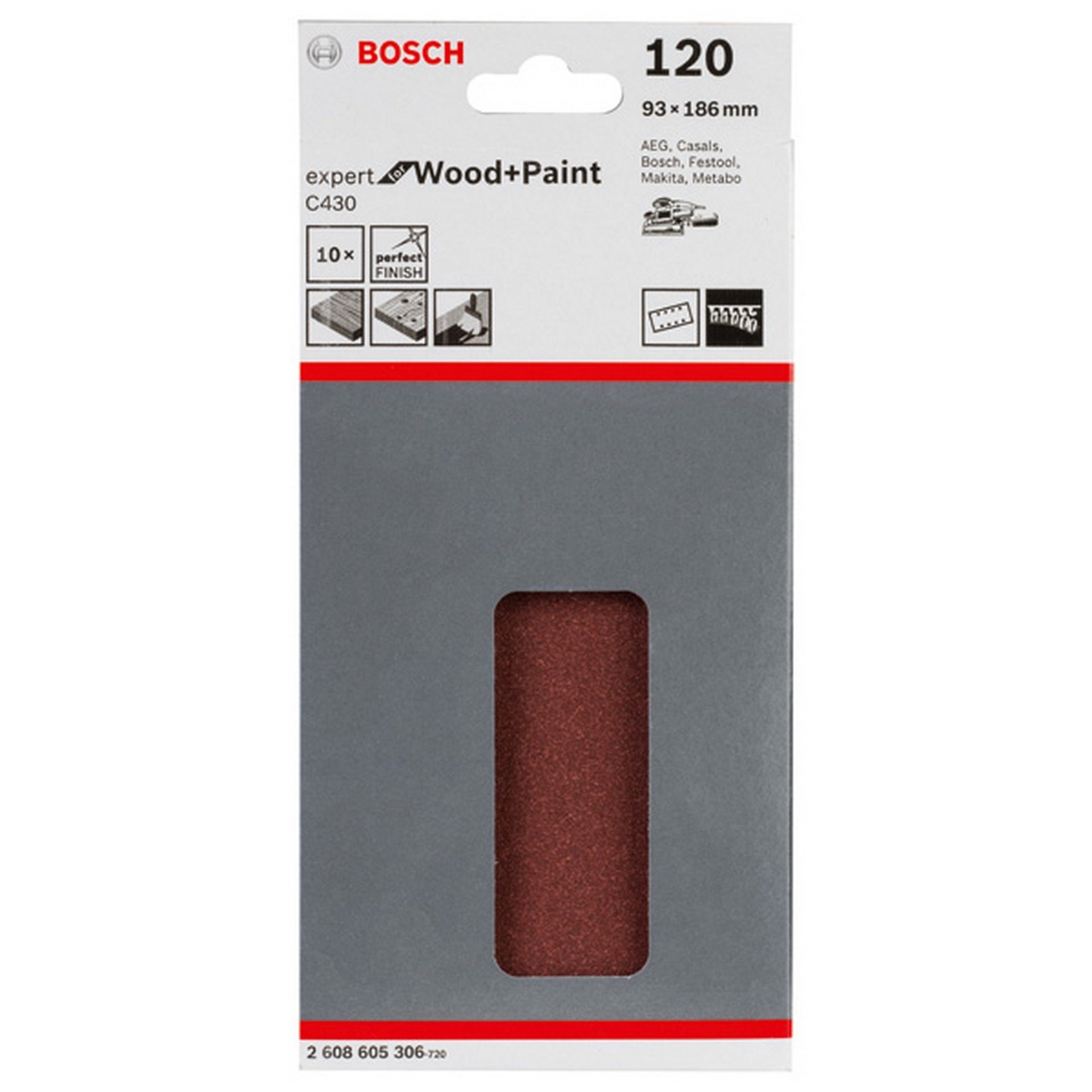 Bosch Schleifblatt C430, 93 x 186 mm, 120, 8 Löcher, 10er-Pack #2608605306