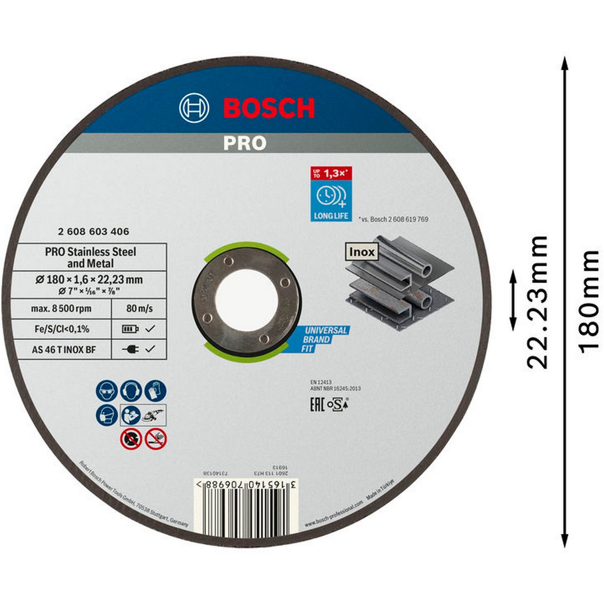 Bosch PRO Stainless Steel and Metal Trennscheibe, 180 x 1.6 x 22.23 mm, gerade, oSa #2608603406