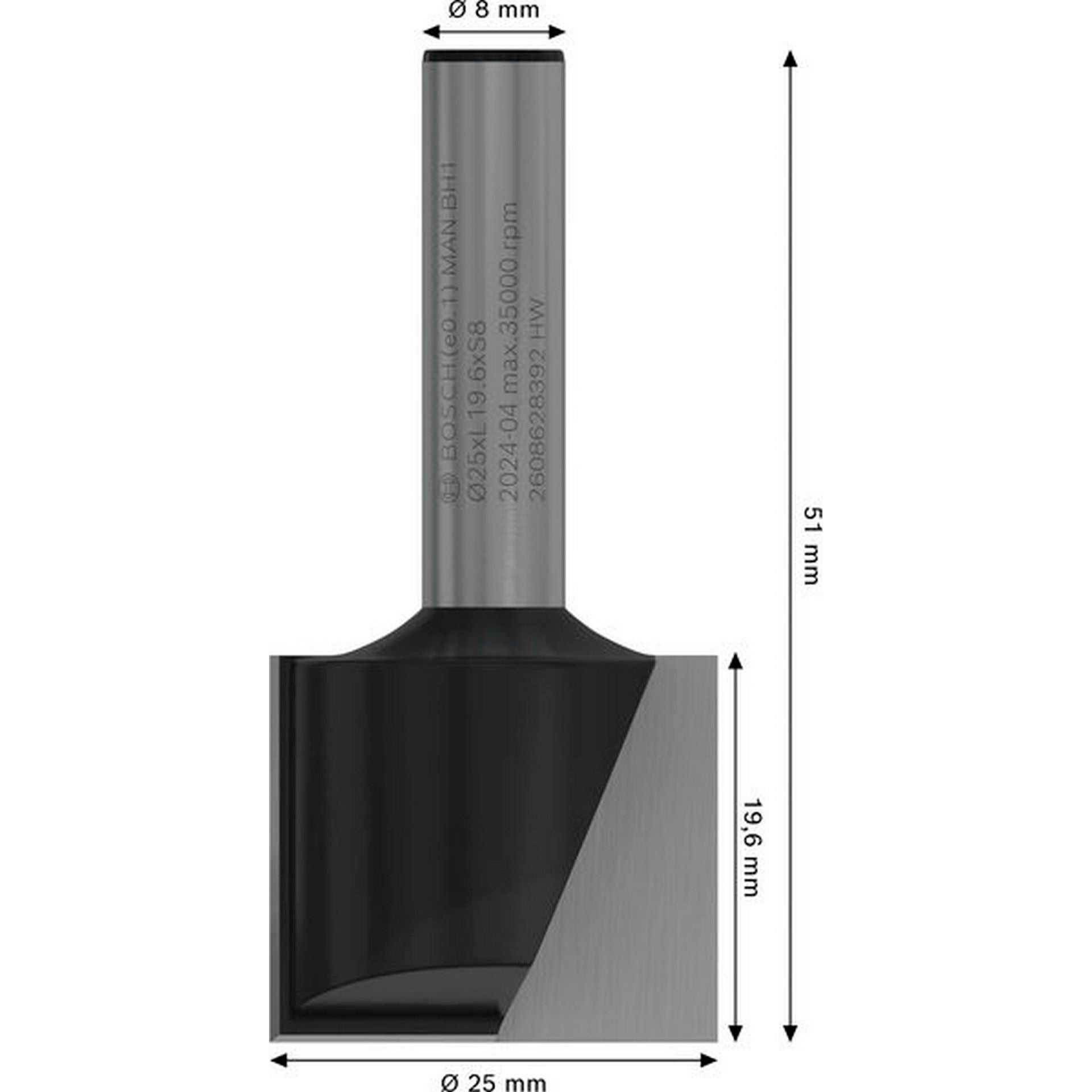 Bosch PRO Nutfräser, zweischneidig, D 25 mm, L 19,6 mm, S 8 mm #2608628392