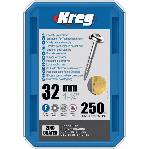 Kreg Pocket-Hole Schrauben 32 mm, Verzinkt, Maxi-Loc, Feingewinde, 250 Stück #SML-F125-250-INT