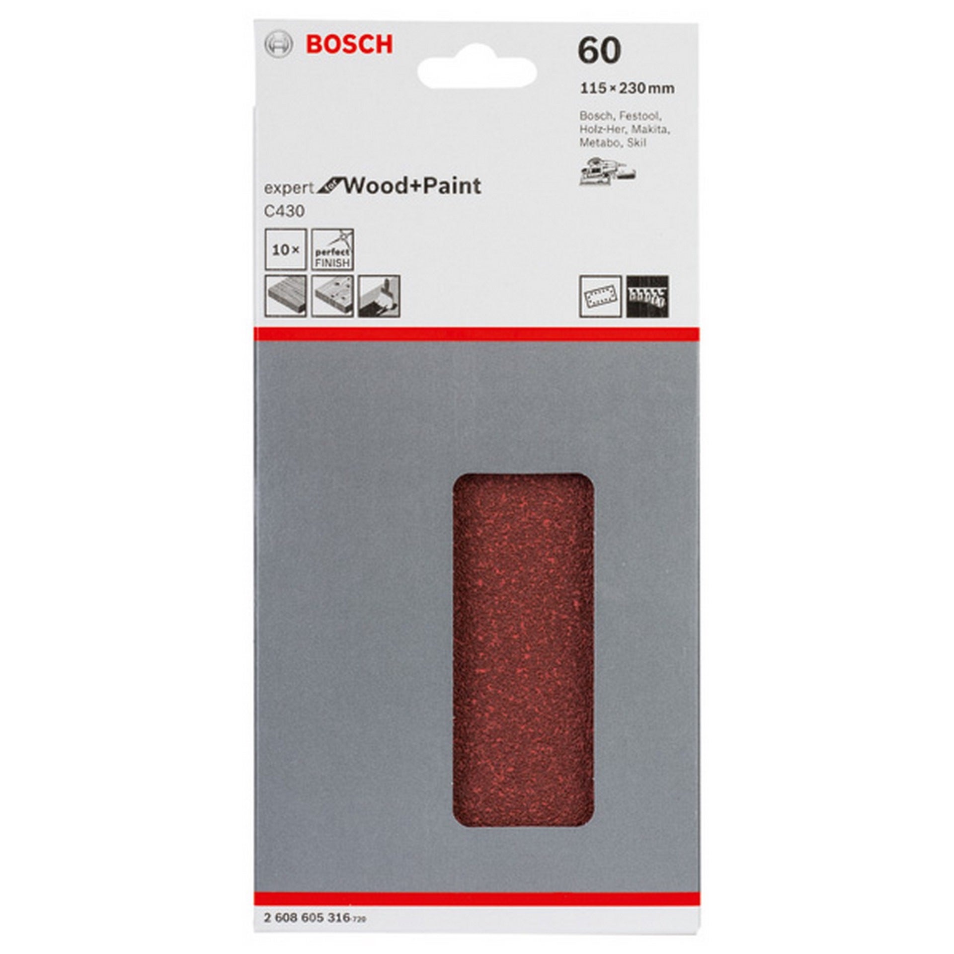 Bosch Schleifblatt C430, 115 x 230 mm, 60, 14 Löcher, 10er-Pack #2608605316