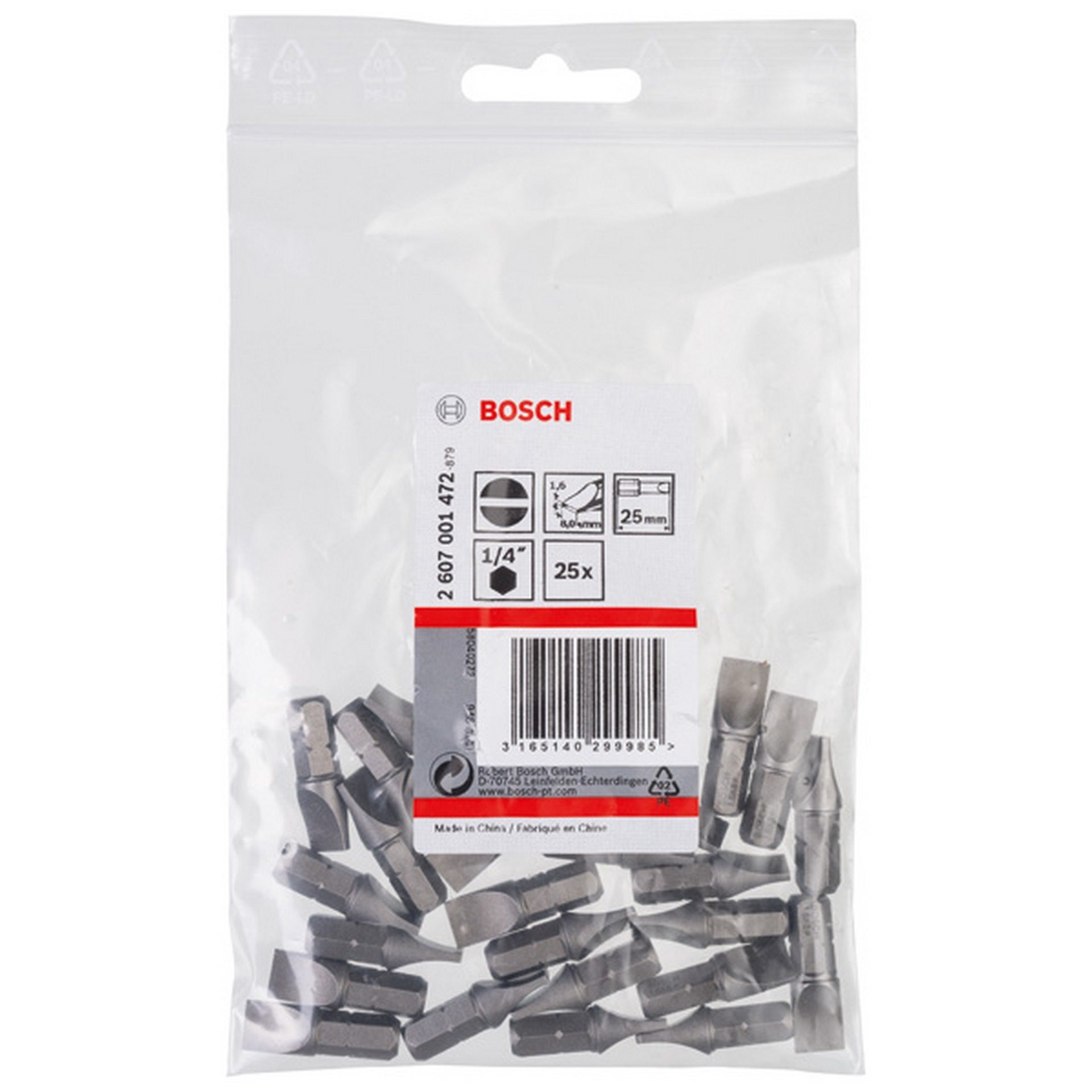 Bosch Schrauberbit Extra-Hart S 1,6 x 8,0, 25 mm, 25er-Pack #2607001472