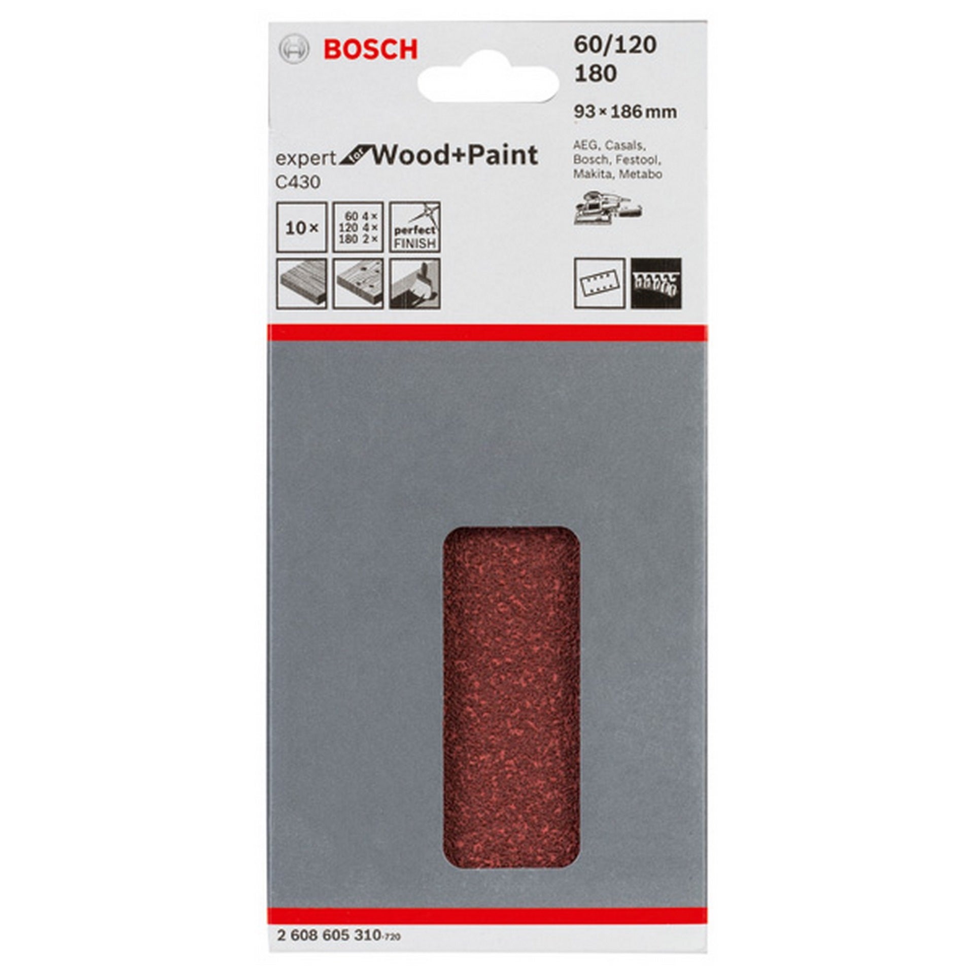 Bosch Schleifblatt C430, 93 x 186 mm, 4 x 60, 4 x 120, 2 x 180, 8 Löcher, 10er-Pack #2608605310