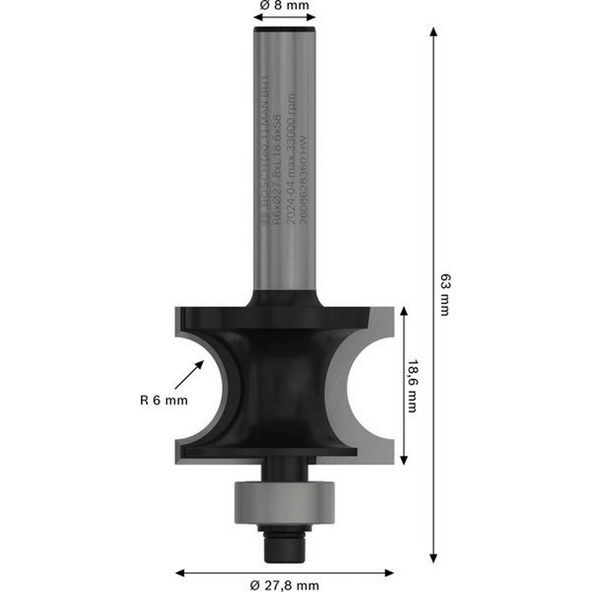 Bosch PRO Halbstabfräser, R 6 mm, D 27,8 mm, L18 mm,6, S 8 mm #2608628360