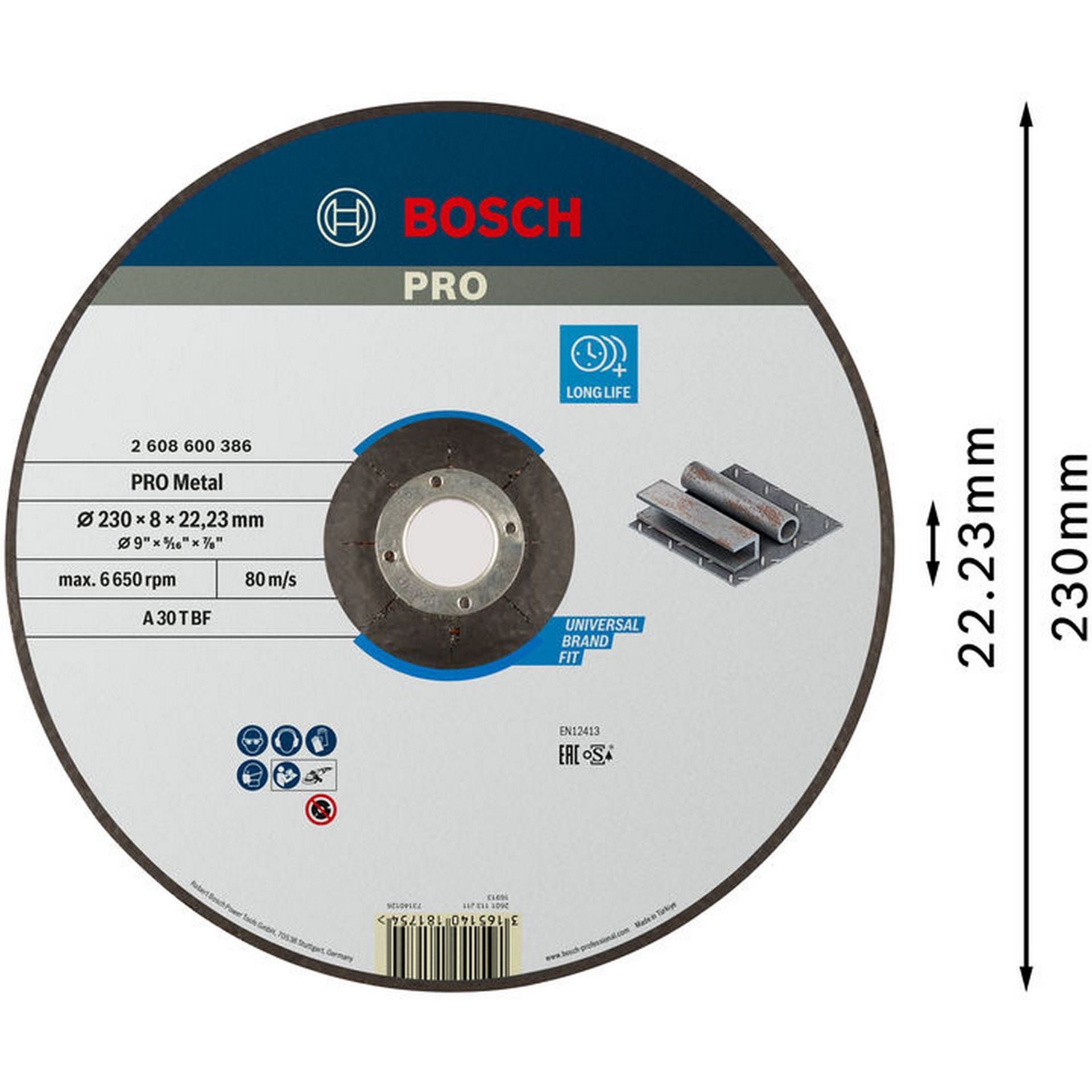 Bosch PRO Metal Gebundene Schleifscheibe, 230 x 8 x 22,23 mm #2608600386