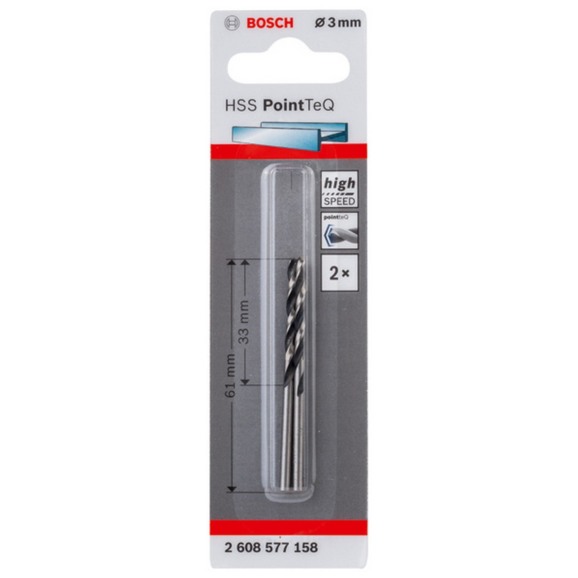 Bosch Metallspiralbohrer HSS PointTeQ, DIN 338, 3,0 mm, 2er-Pack #2608577158