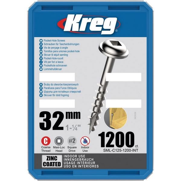 Kreg Pocket-Hole Schrauben 32 mm, Verzinkt, Maxi-Loc, Grobgewinde, 1200 Stück #SML-C125-1200-INT