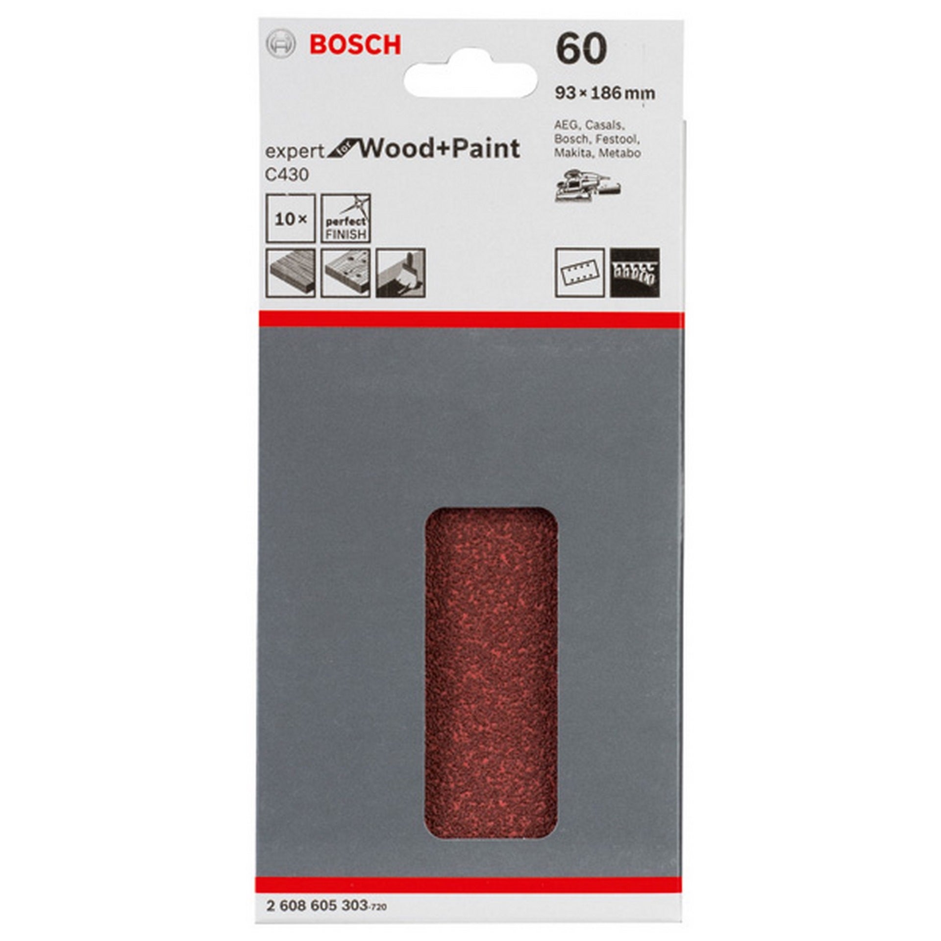 Bosch Schleifblatt C430, 93 x 186 mm, 60, 8 Löcher, 10er-Pack #2608605303