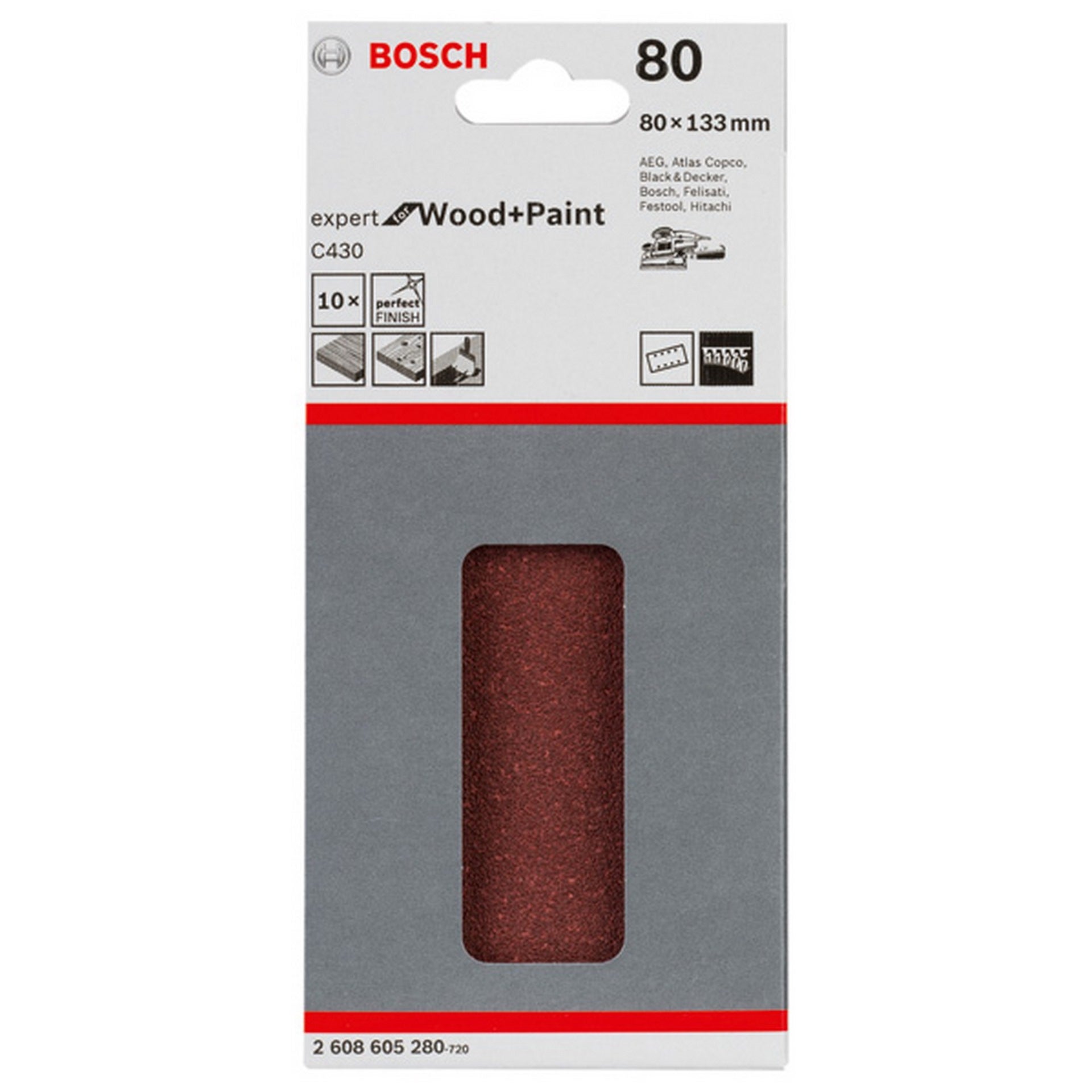 Bosch Schleifblatt C430, 80 x 133 mm, 80, 8 Löcher, Klett, 10er-Pack #2608605280