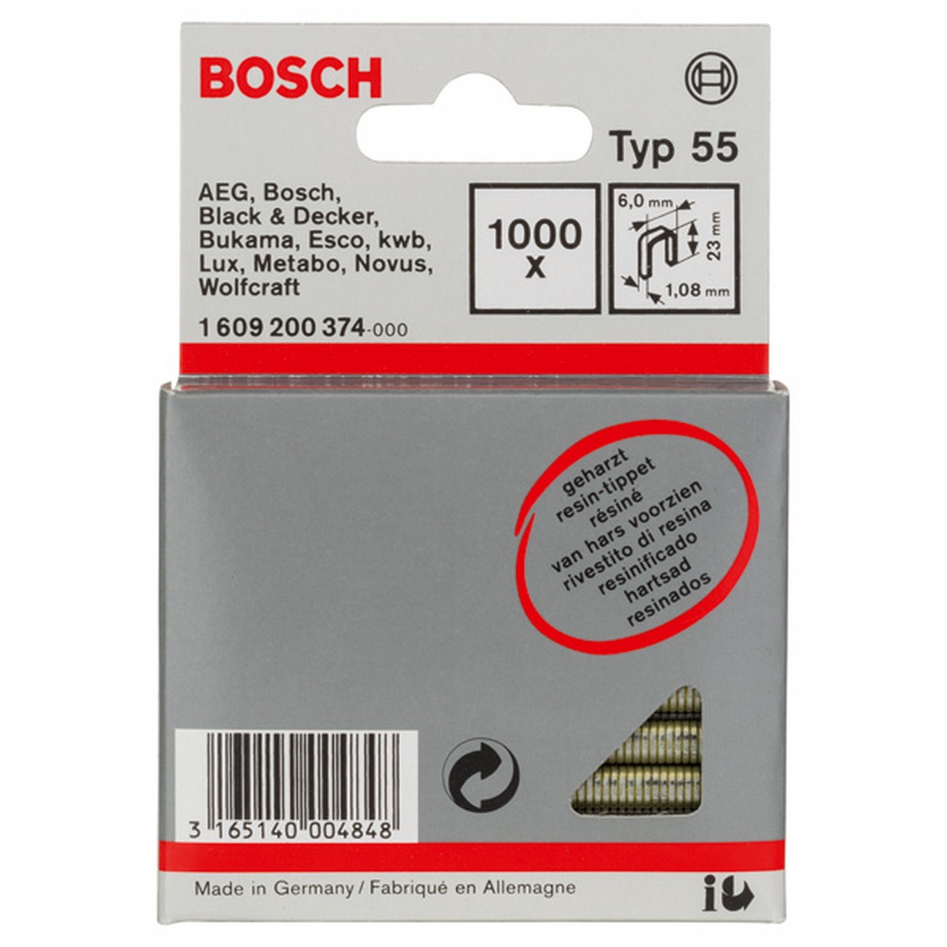 Bosch Schmalrückenklammer Typ 55, geharzt 6 x 1,08 x 23 mm, 1000er-Pack #1609200374