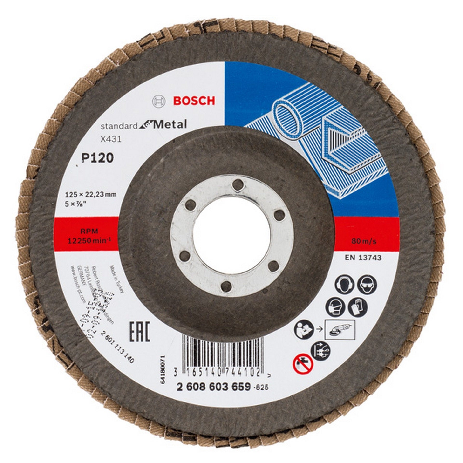 Bosch Fächerschleifscheibe X431 Standard for Metal, gewinkelt, 125 mm, 22,23 mm, 120 #2608603659