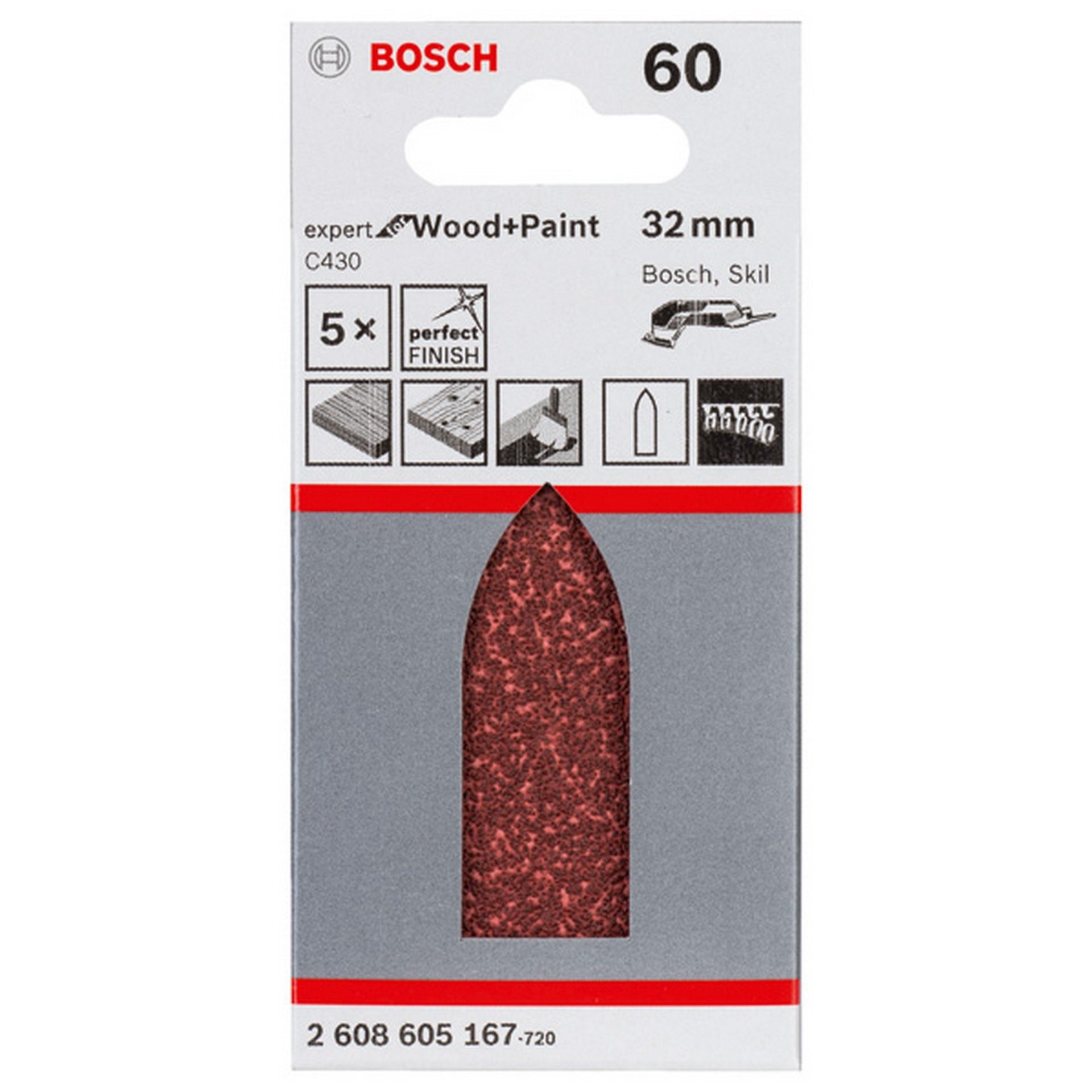 Bosch Schleifblatt C430, 32 mm, 60, ungelocht, 5er-Pack #2608605167