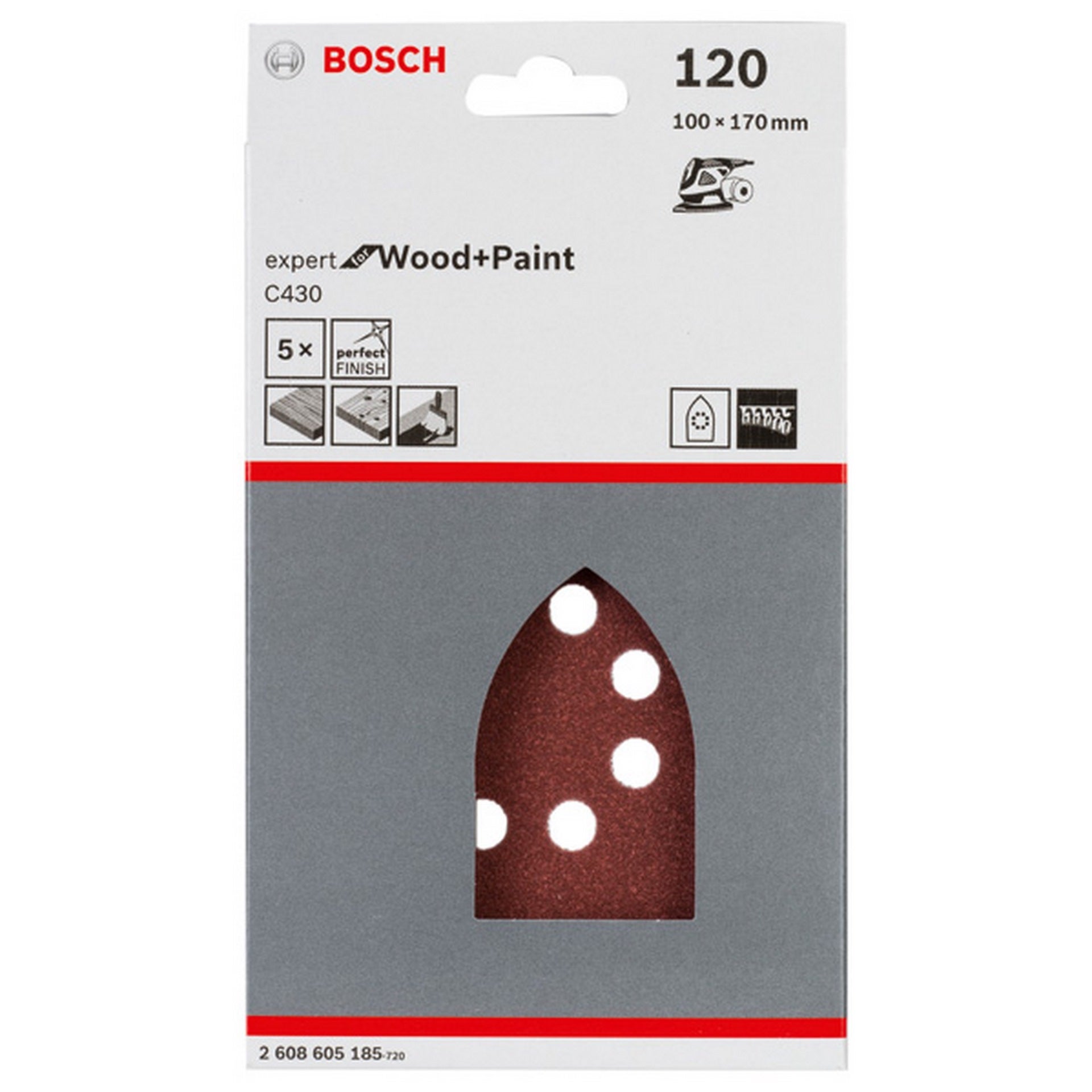 Bosch Schleifblatt C430, 100 x 170 mm, 120, 8 Löcher, Klett, 5er-Pack #2608605185