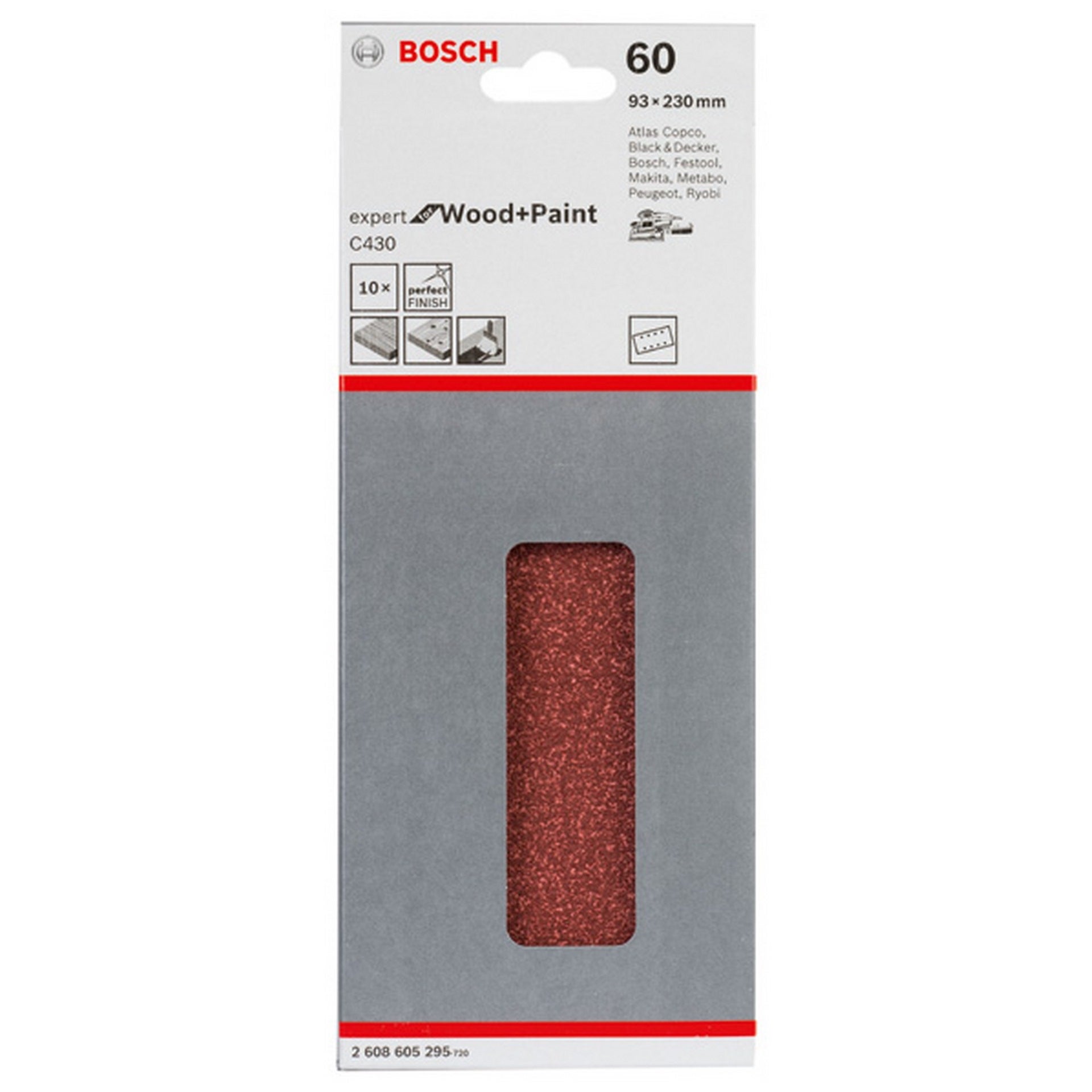 Bosch Schleifblatt C430, 93 x 230 mm, 60, 8 Löcher, gespannt, 10er-Pack #2608605295