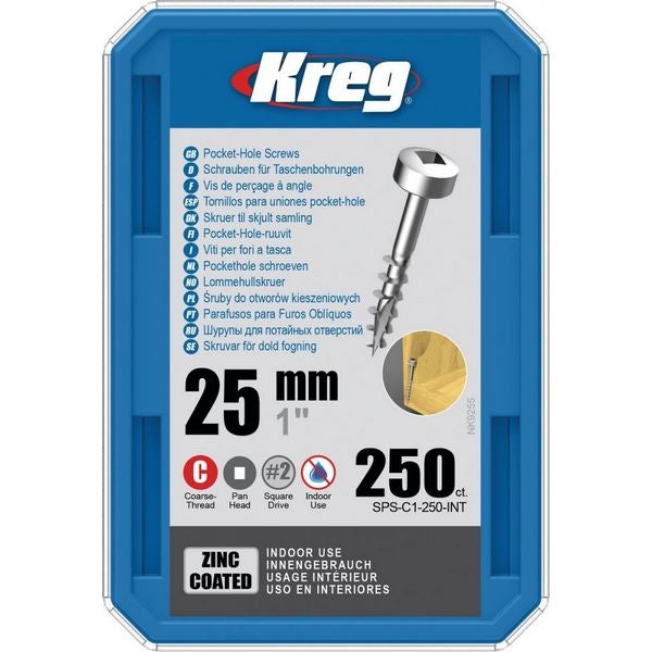 Kreg Pocket-Hole Schrauben 25 mm, Verzinkt, Flachkopf, Grobgewinde, 250 Stück #SPS-C1-250-INT